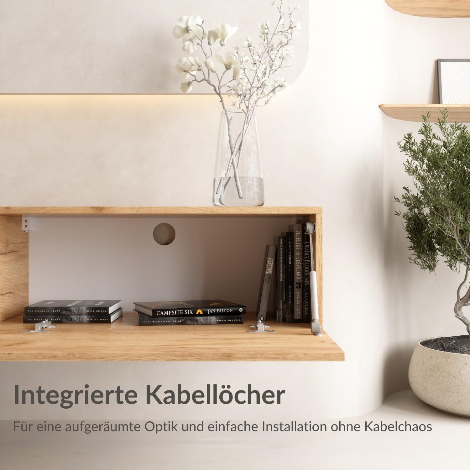 Planetmöbel West TV-Schrank, Fernsehtisch 280 cm lang, TV-Board | für Fernseher bis 65 Zoll, TV Board viel Stauraum, lowboard hängend, 2x Fernsehschrank 140 x 30 x 37,5 cm, gold eiche