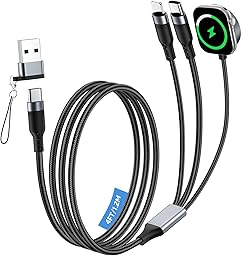 Travel Essential 3-in-1 Charging Cable, USB C Fast Charging Cable, 100W Multiple Charger Cable for iWatch, iPhone 17-15 Series/iWatch Ultra/11-1/Galaxy S25-20, iPad, Black, 4FT