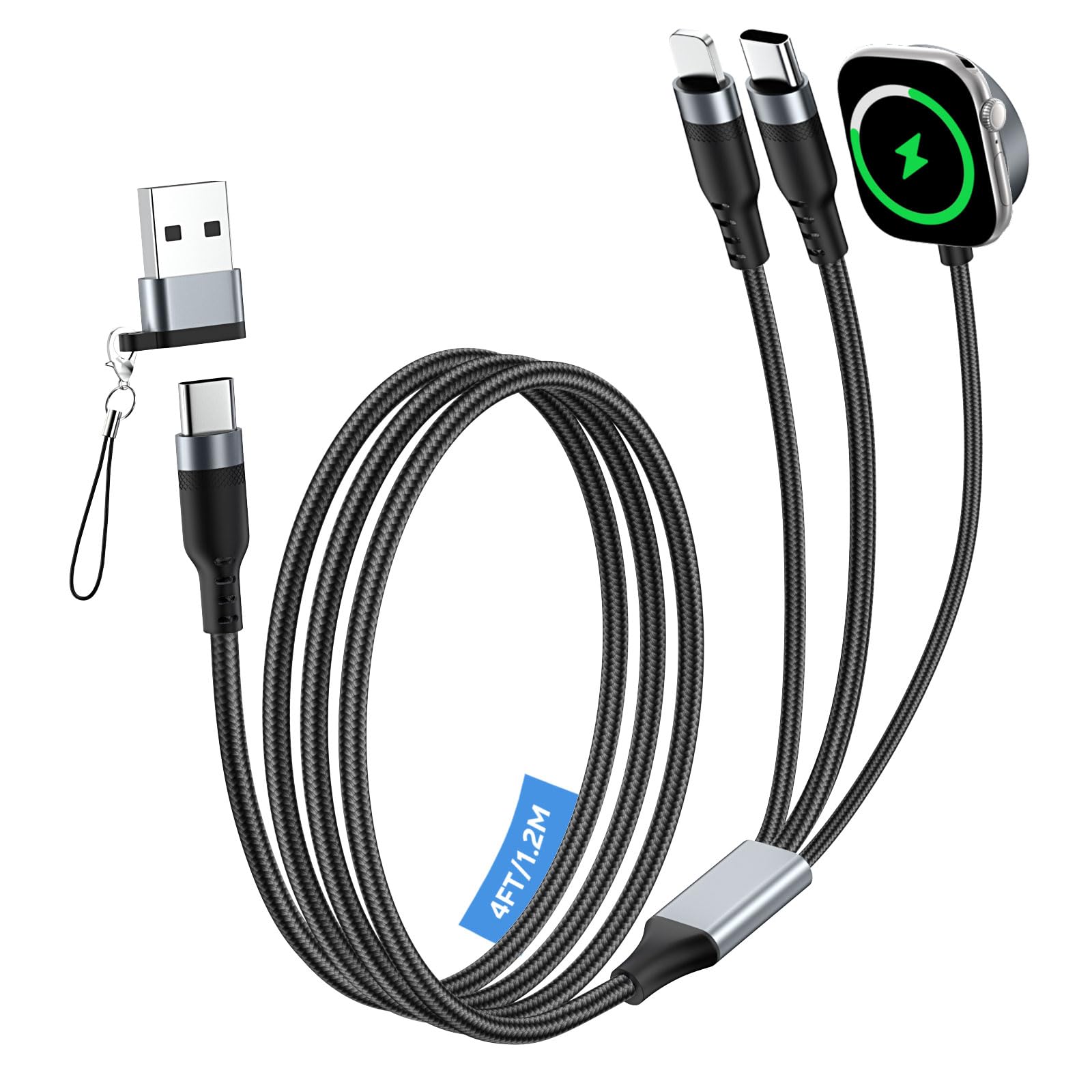Travel Essential 3-in-1 Charging Cable, USB C Fast Charging Cable, 100W Multiple Charger Cable for iWatch, iPhone 17-15 Series/iWatch Ultra/11-1/Galaxy S25-20, iPad, Black, 4FT - 1