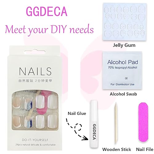 Miniatura 2 de 24 uñas postizas cuadradas a presión con diseños de Aurora galvanizados, uñas adhesivas de color rosa y blanco, uñas acrílicas artificiales