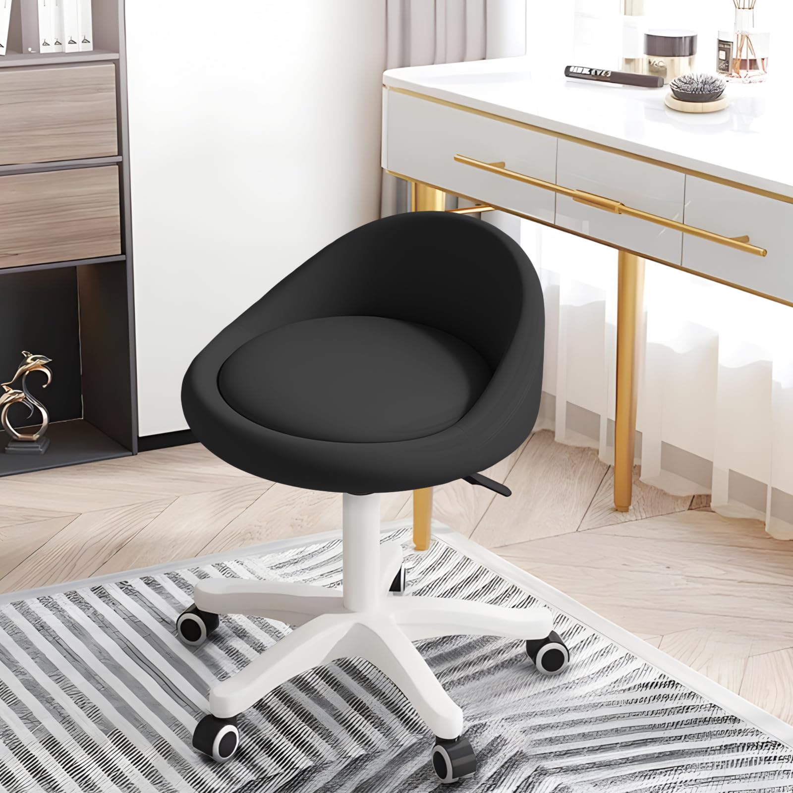 Rolling Stool with Adjustable Height, 360° Swivel and Padded PU Leather Seat