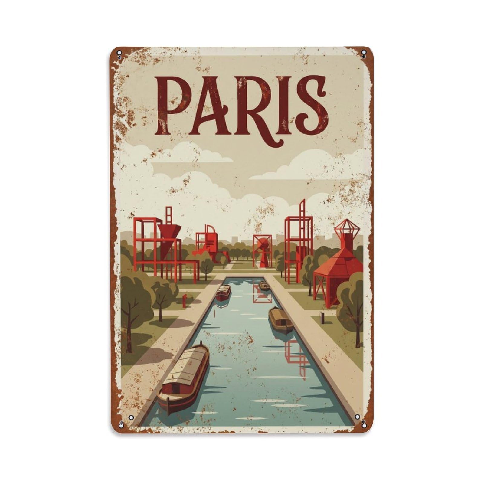 Vintage Travel Paris Parc De La Villette Modern Park Rusted France Metal Tin Sign Plaque Wall Decor for Cafe, Club Bar, Office, Home Garden Metal Poster 8x12Inch