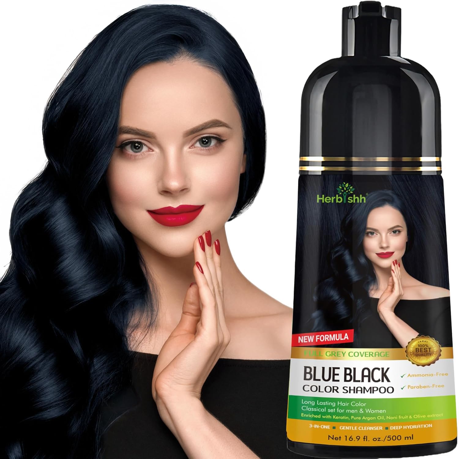 Herbishh Hair Color Shampoo For Gray Hair – Magic Hair Dye Shampoo – Colors Hair In Minutes–Long Lasting–500 Ml–3-In-1 Hair Color–Ammonia-Free | Herbishh (Blue Black)