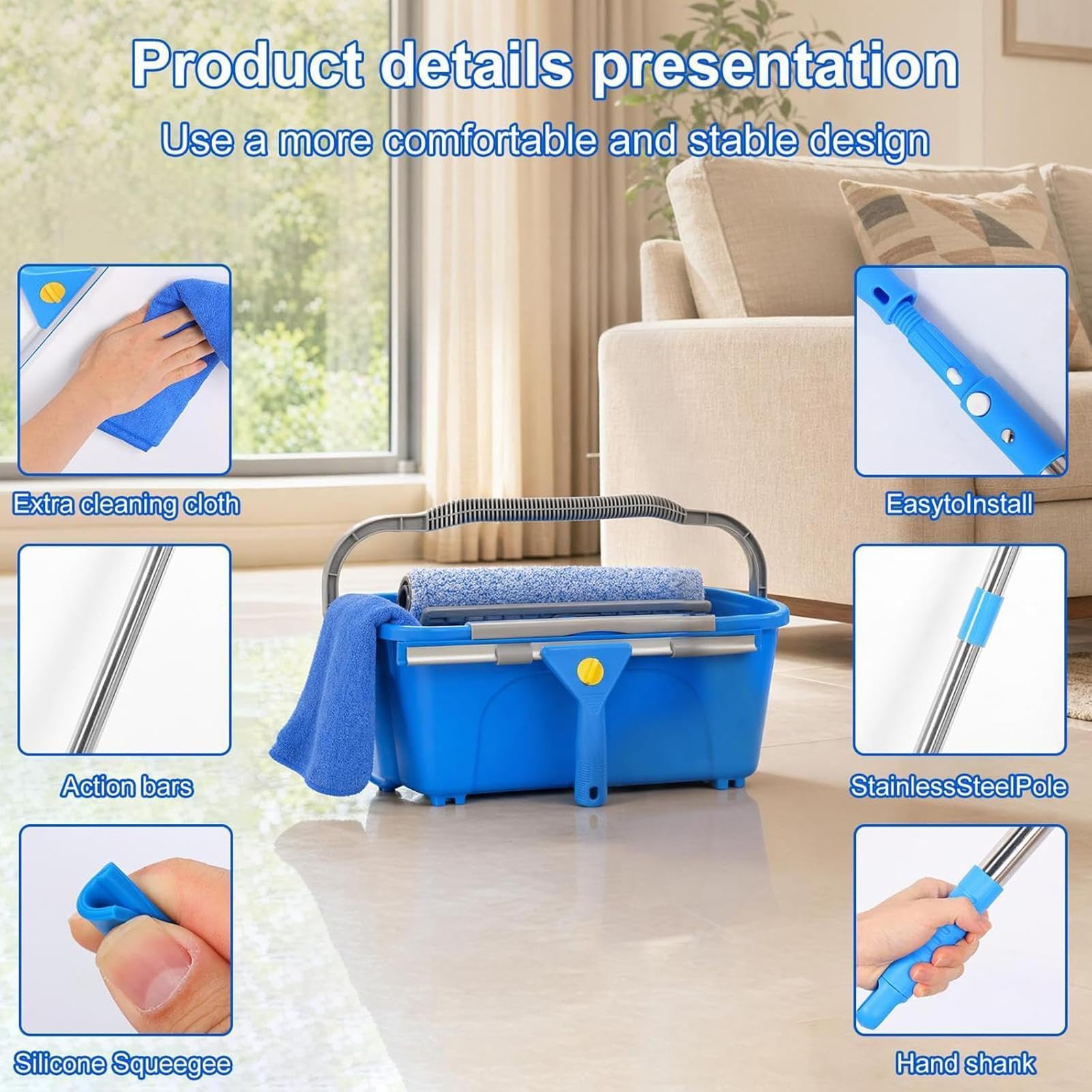 Juego de limpieza de ventanas – Longitud ajustable incluye paño de microfibra | Herramientas de limpieza de ventanas con un cubo | Para puertas de patio, coches, parabrisas, azulejos, vidrio