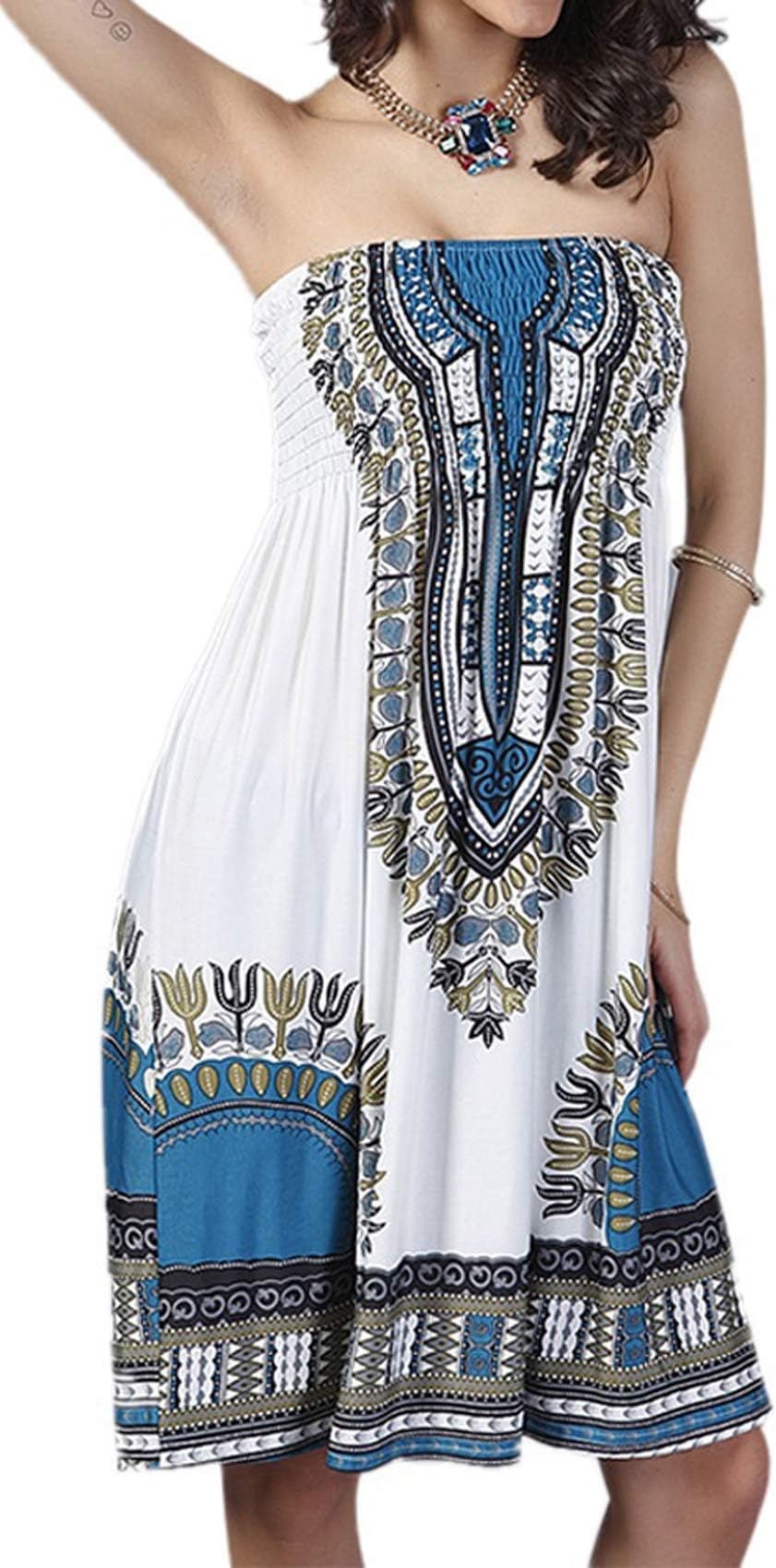 GYM HEROES Strapless Floral Print Cover up Beach Dress Bohemian Summer Casual Beachwear (Blue, one Size)