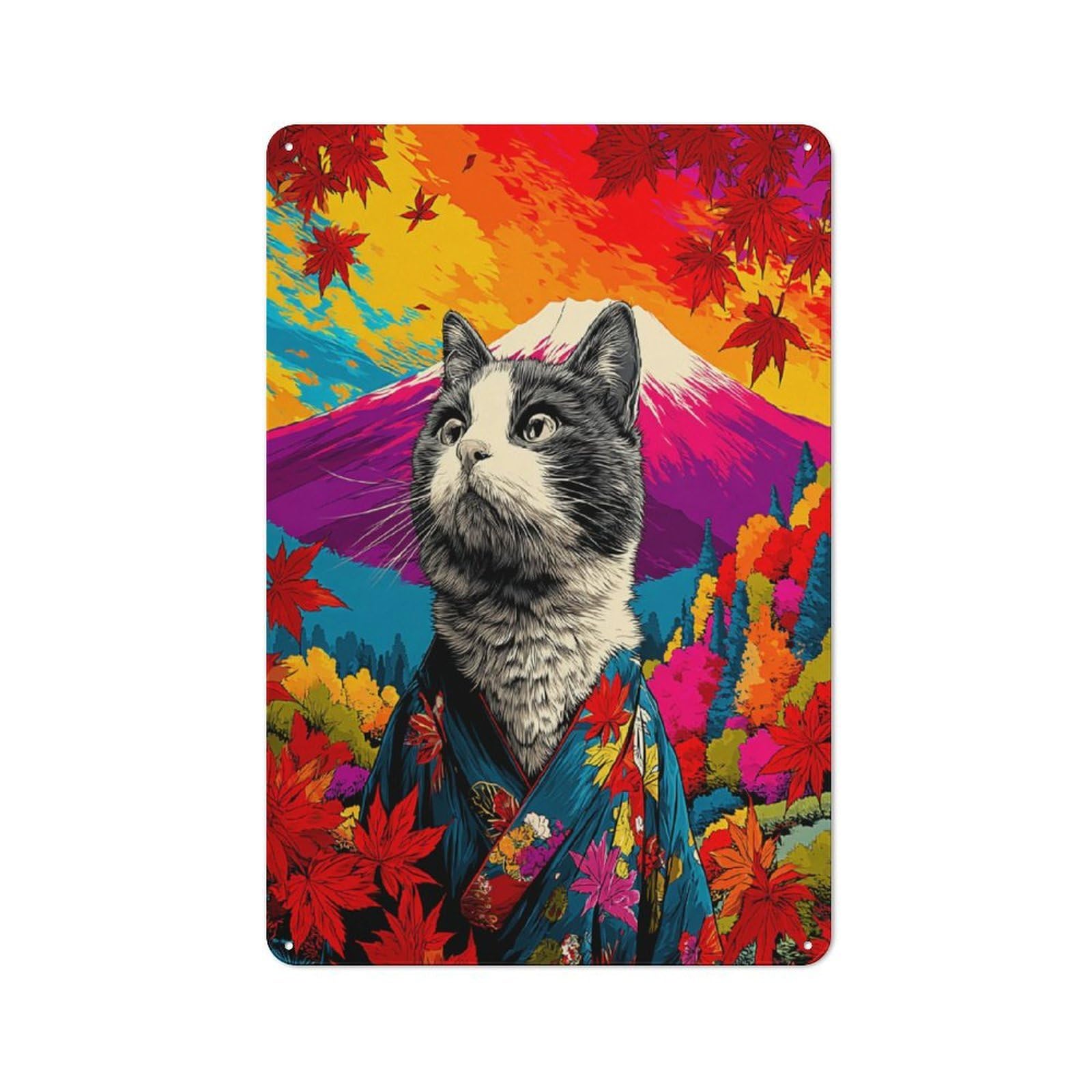 Junmoney Autumnal Cat In Kimono Rustic Metal Wall Sign 30X20cm For Kitchen Or Home Bar, For Garage, Workshop And Man Cave Decoration
