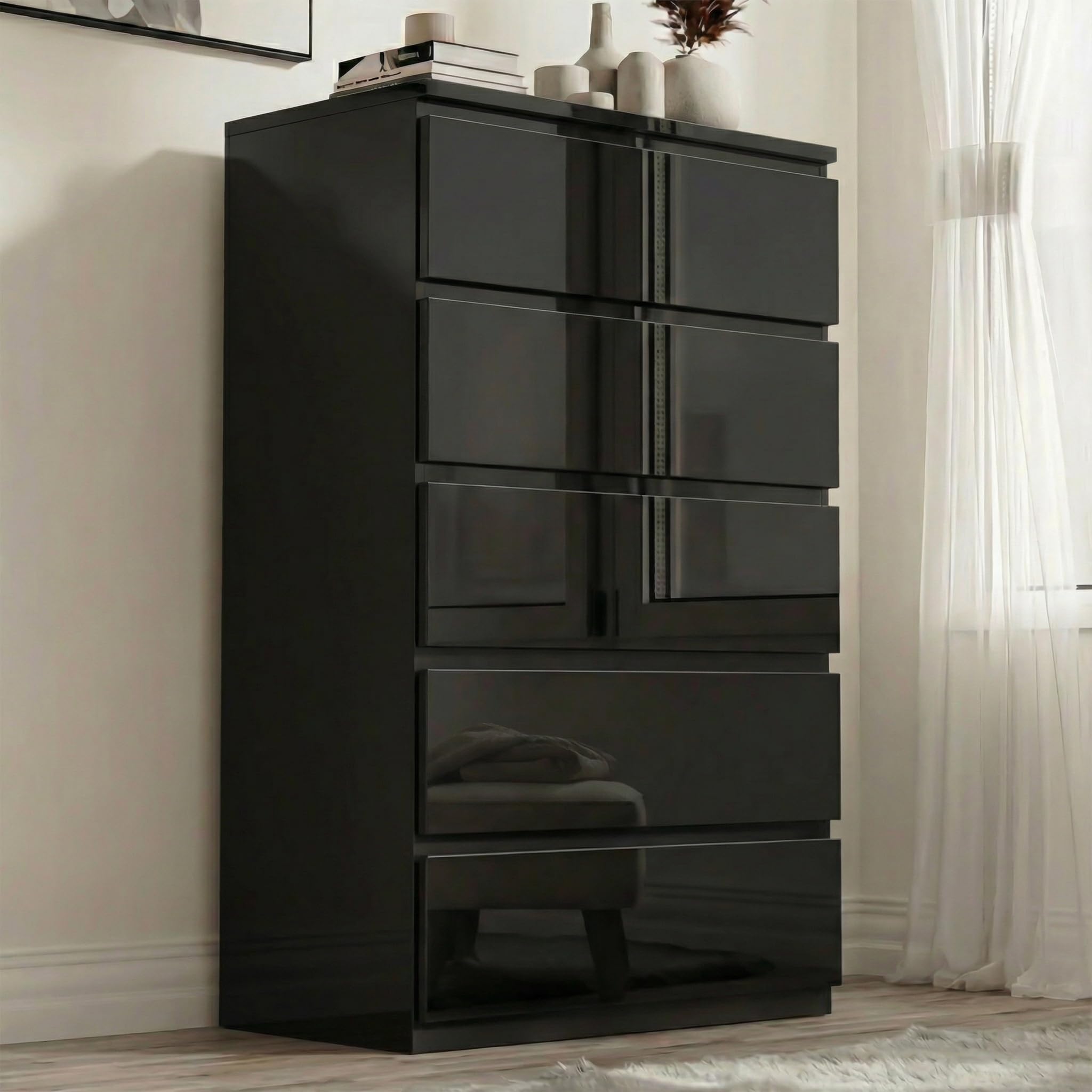 Blisswood High Gloss Chest of Drawers, 5 Drawer Bedroom Chest of Drawers, Chest of Draws Tall Dresser Bedside Table Storage Cabinet for Living Room Office Hallway Furniture, Black