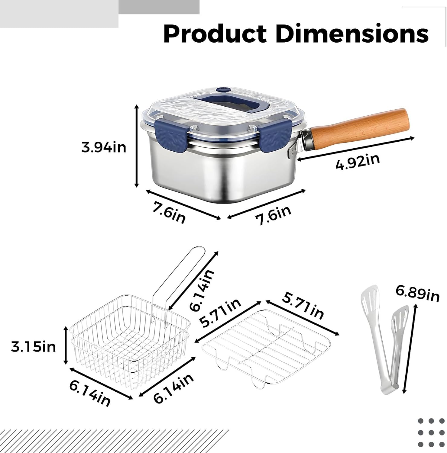 5 Pcs Portable Outdoor Cooking Pot, Stainless Steel Large Capacity Fryer Set with Steaming Rack, Frying Basket, Food Clip, Blue Lid, Multi-Functional Food Container, 7.6 in