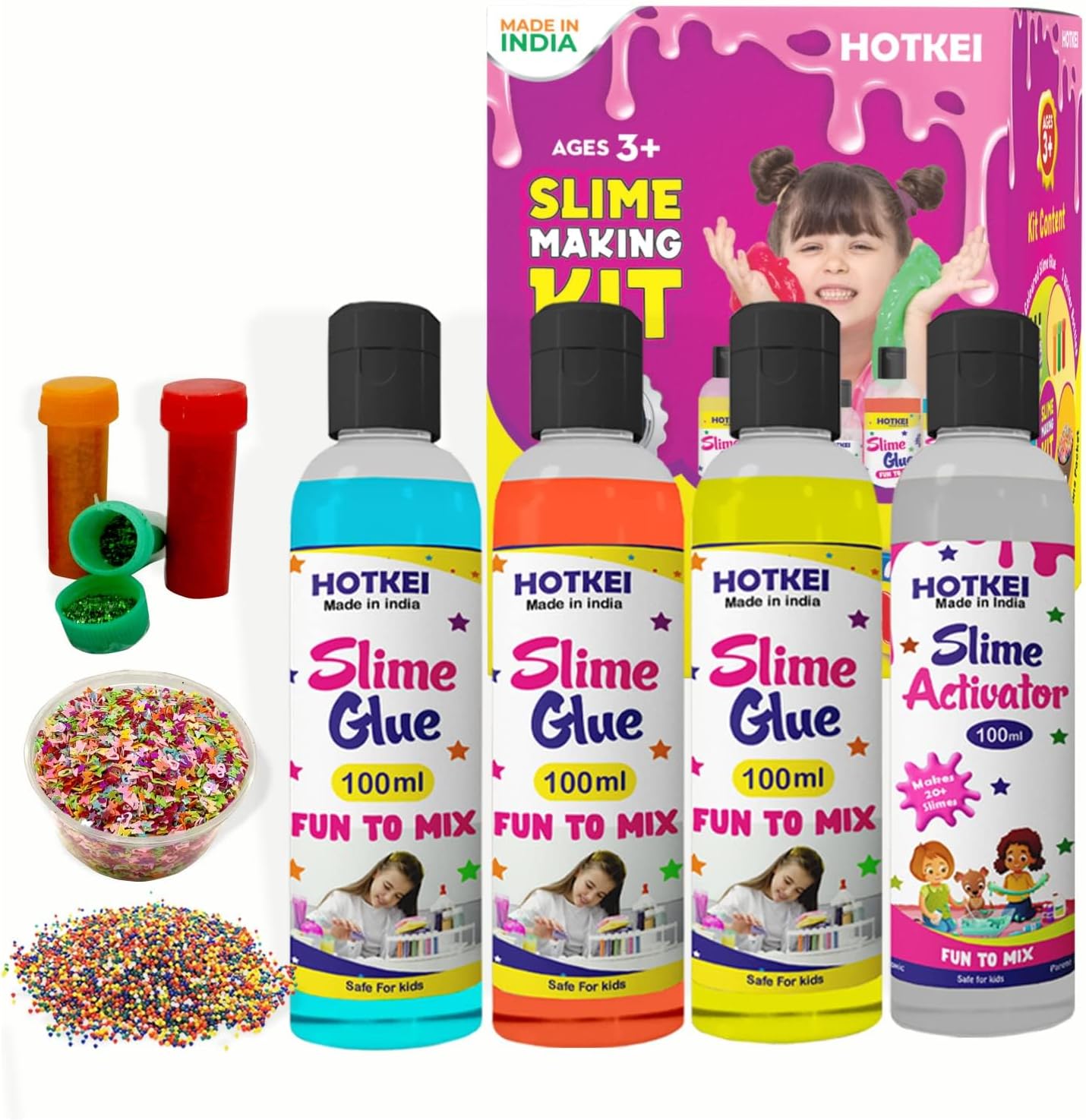 HOTKEI (Make 15+ Slimes) Multicolor Scented DIY Magic Toy Slimy Slime Activator Glue Gel Jelly Putty Making kit Set Toy Birthday Gift for Boys Girls Kids 3 Colored Glue | 1 Activator | Accessories