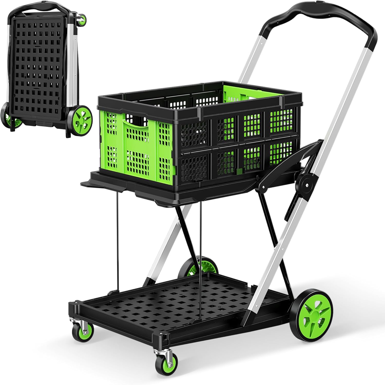 Collapsible Shopping Cart, 8-in-1 200LBS Multi Functional Utility Cart with 1 Storage Crate, Adjustable Handle Grocery Cart on Wheels for Shopping/Warehouse/Office/Supermarket-Green