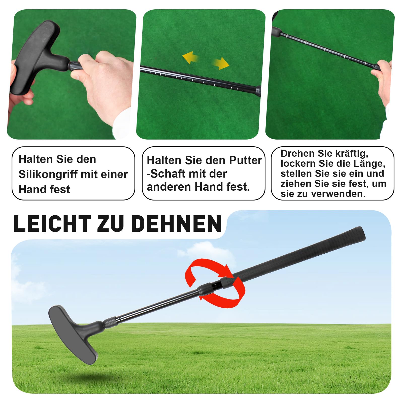 Golf Putter Verstellbar, für Links- und Rechtshänder – Komplettset in Schwarz inklusive 4 Bällen und 1 Fahnenloch – Ideal für Kinder, Jugendliche und Erwachsene (Einzelpackung)