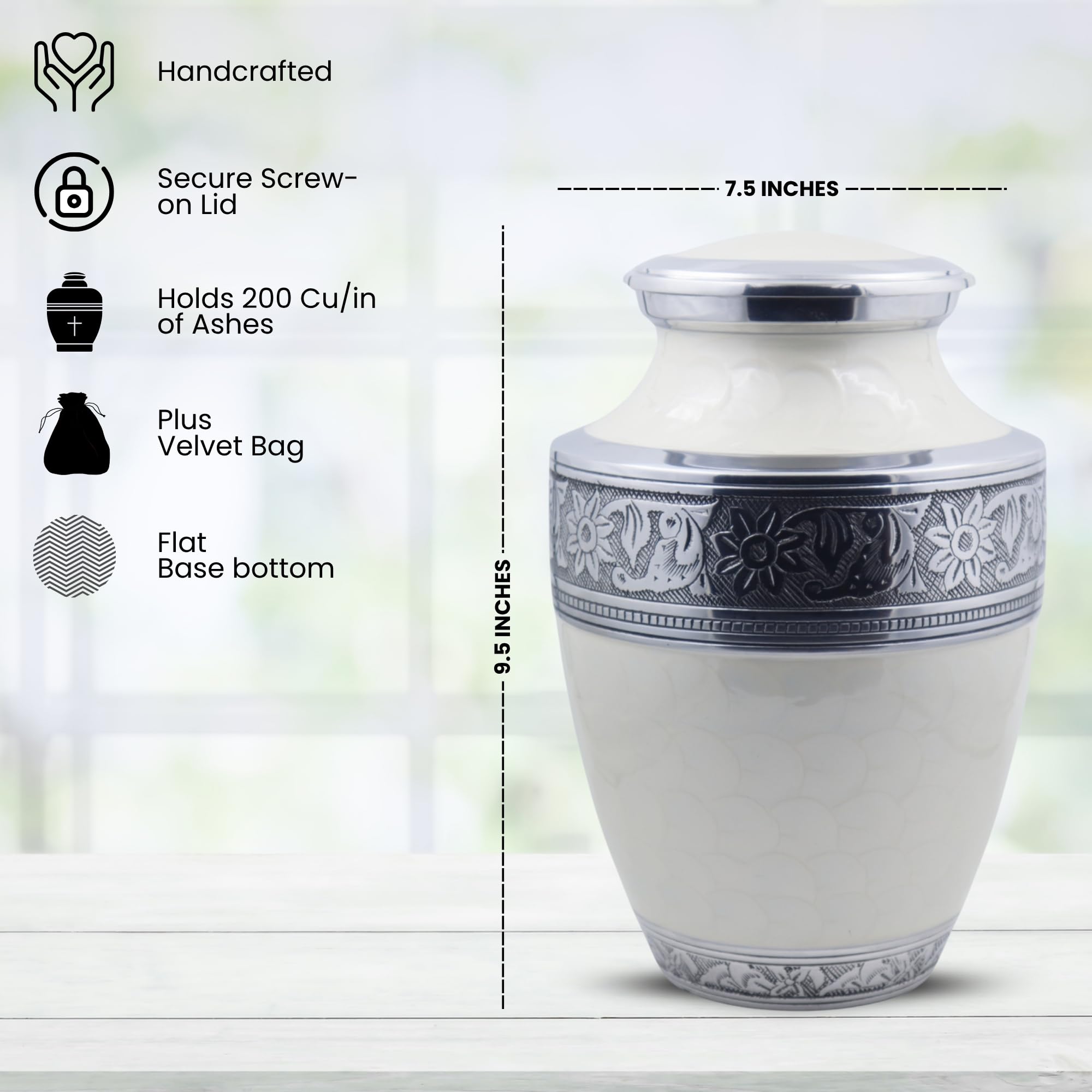 Urne funéraire gravée en argent pour cendres humaines adultes - Urne funéraire blanche nacrée à motif floral - 200 Cu dans une grande urne commémorative en métal avec sac en velours