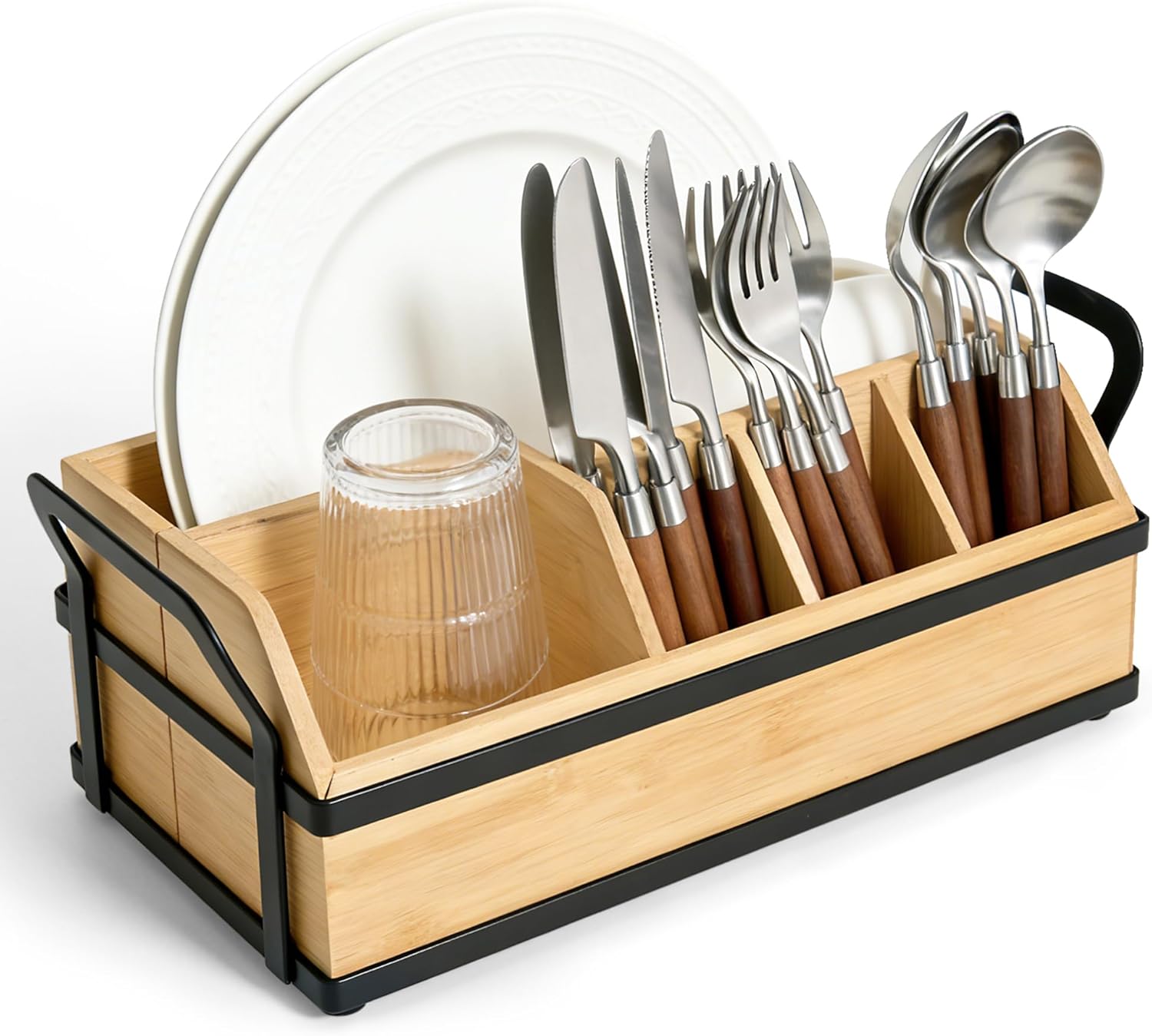 Large Kitchen Utensil Holder Caddy, 5 Compartments Wooden Utensils Organizer for Cooking Utensils, Silverware, Paper Plate, Spoon, Fork, Cutlery Storage on Kitchen Countertop for Party Hosting