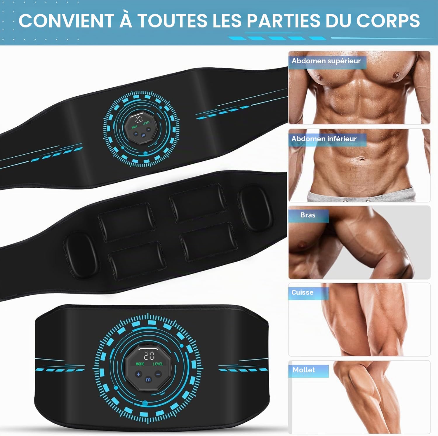 ABS Trainer Stimulateur musculaire EMS Tonique électrique pour muscles abdominaux 10 modes et 20 intensités pour abdominaux, bras, taille – Entraînement abdominal rechargeable
