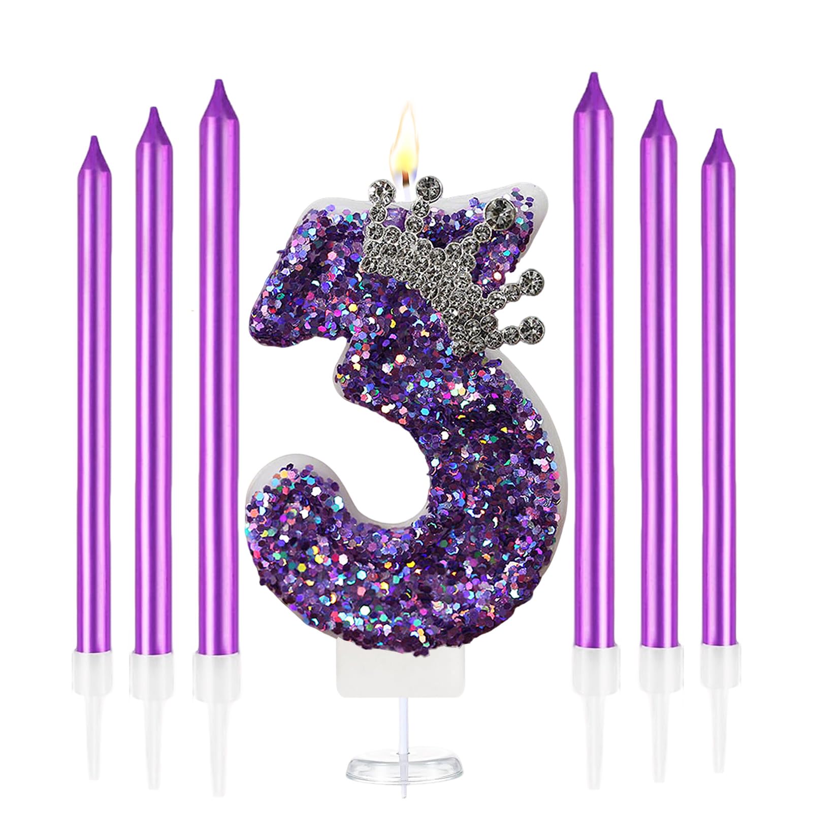 K Pop Number Birthday Candles, Glitter Crown Birthday Candles with 6 Pcs Long Candles, Stylish Kpop Music Themed Cake Topper for Girls Birthday Party Supplies (3 Candle, Holo Purple)