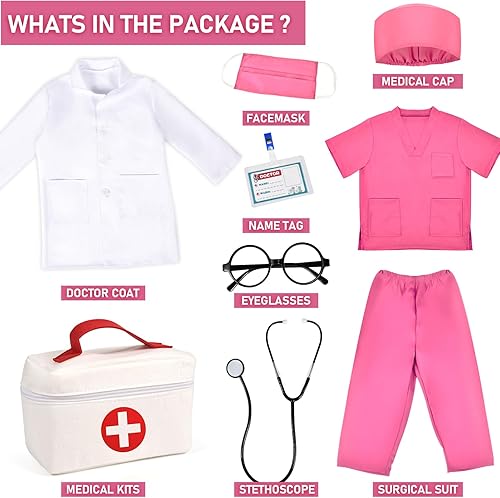 Miniatura 8 de Disfraz de médico para niños, kit de juego de simulación con abrigo de laboratorio, bolsa de transporte, accesorios de Halloween para niños y niñas