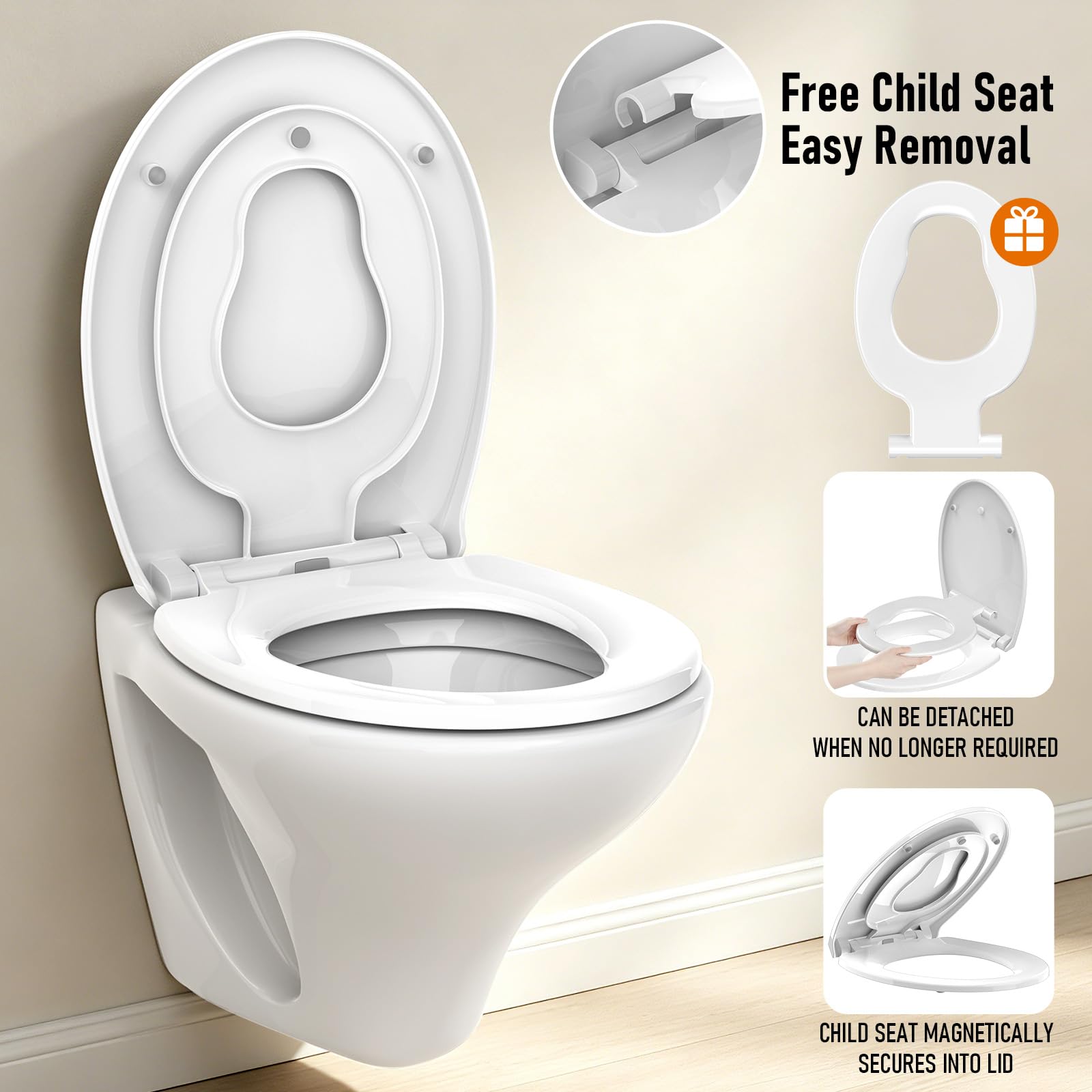 Asiento de inodoro familiar, redondo de cierre suave con asiento infantil integrado, asiento 2 en 1 para entrenamiento de orinal con liberación rápida, fijación superior simple, funda de inodoro