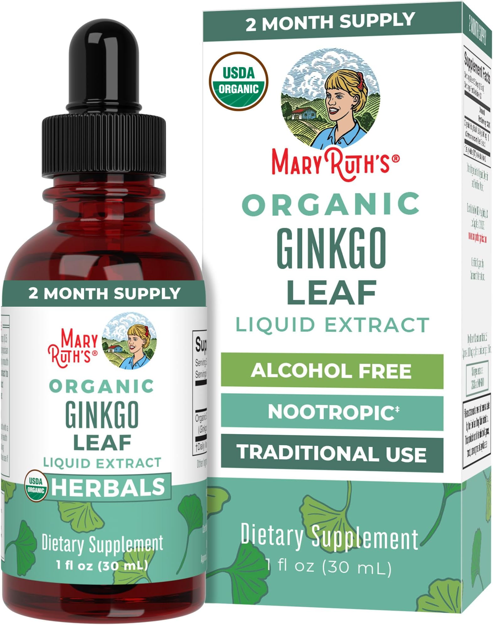 USDA Ginkgo Leaf Liquid Drops by | Traditional Herb | Nootropic, Neuroprotective | Traditional Use for Circulatory System & Brain Health | Non-GMO, Vegan, 1oz