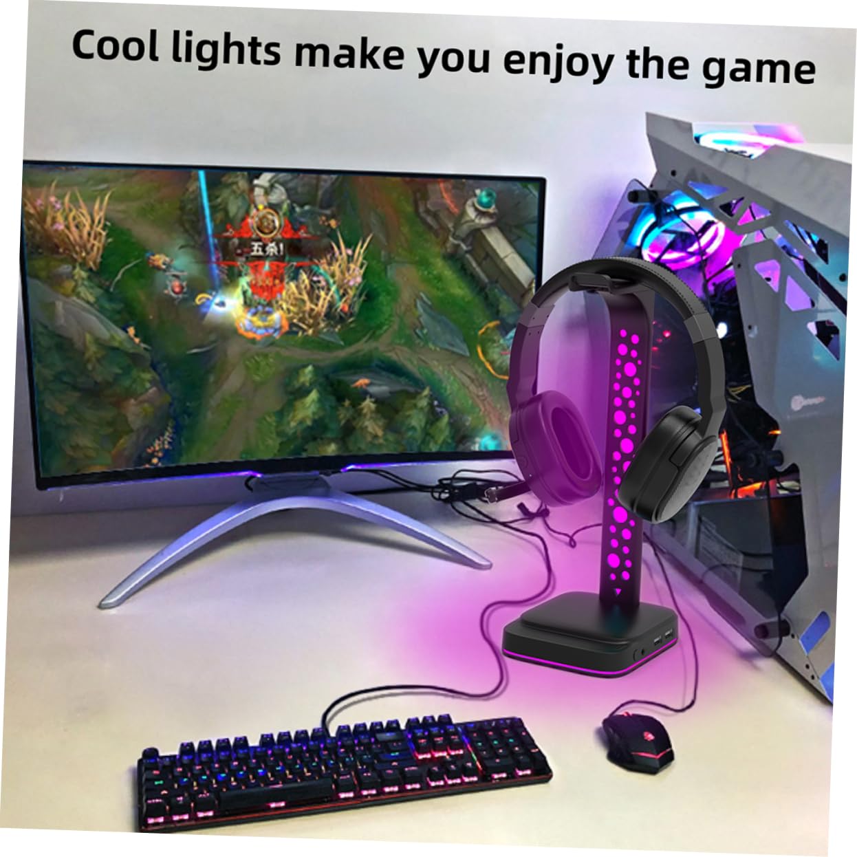 LABRIMP Supporto per Cuffie LED Hub USB Multiuso per Scrivania Supporto per Cuffie da Tavolo Luci Regolabili Ingresso USB Tipo C