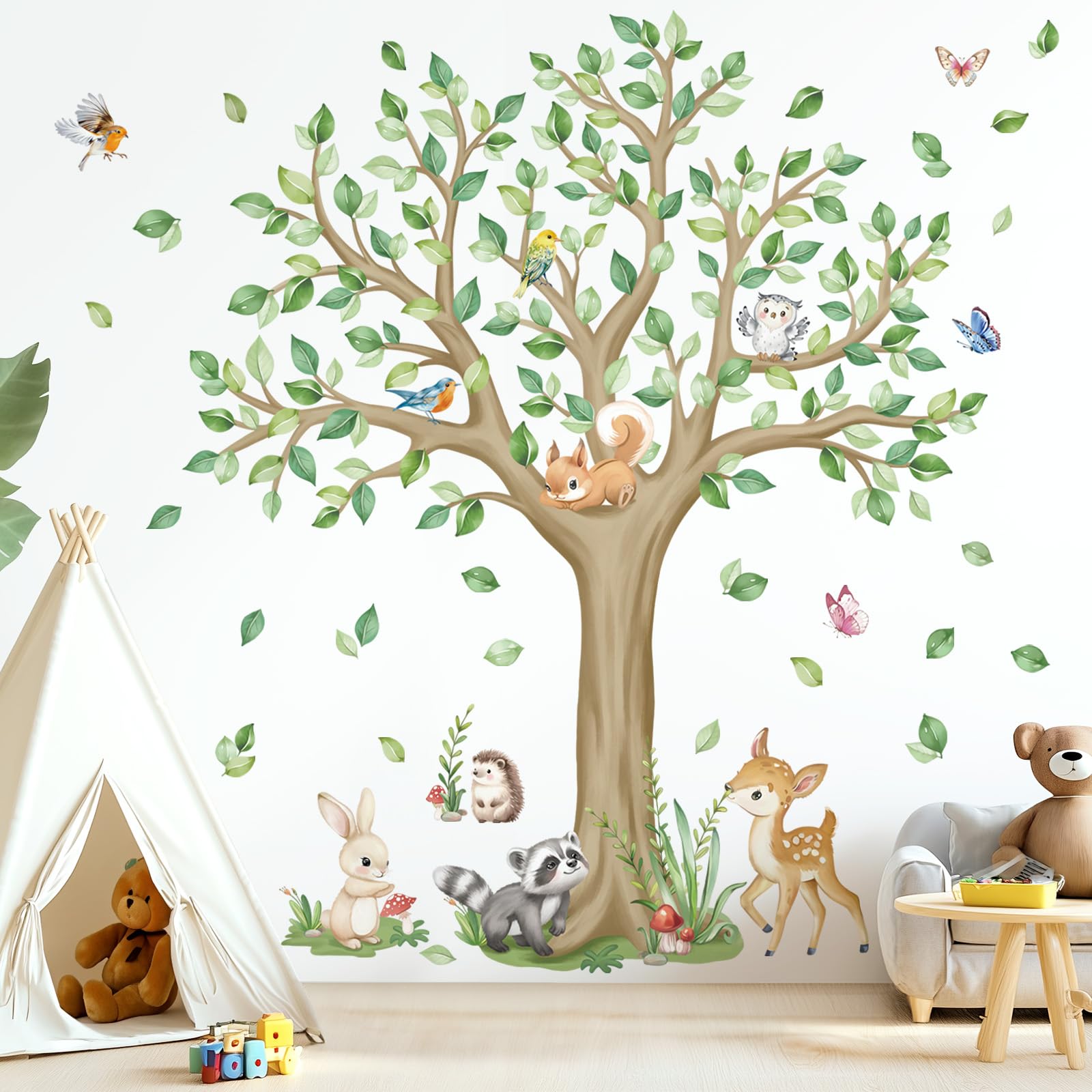 wondever Large Woodlands Animals Tree Wall Stickers Deer Squirrel Owl Peel and Stick Wall Art Decals for Kids Bedroom Baby Nursery - Image 2