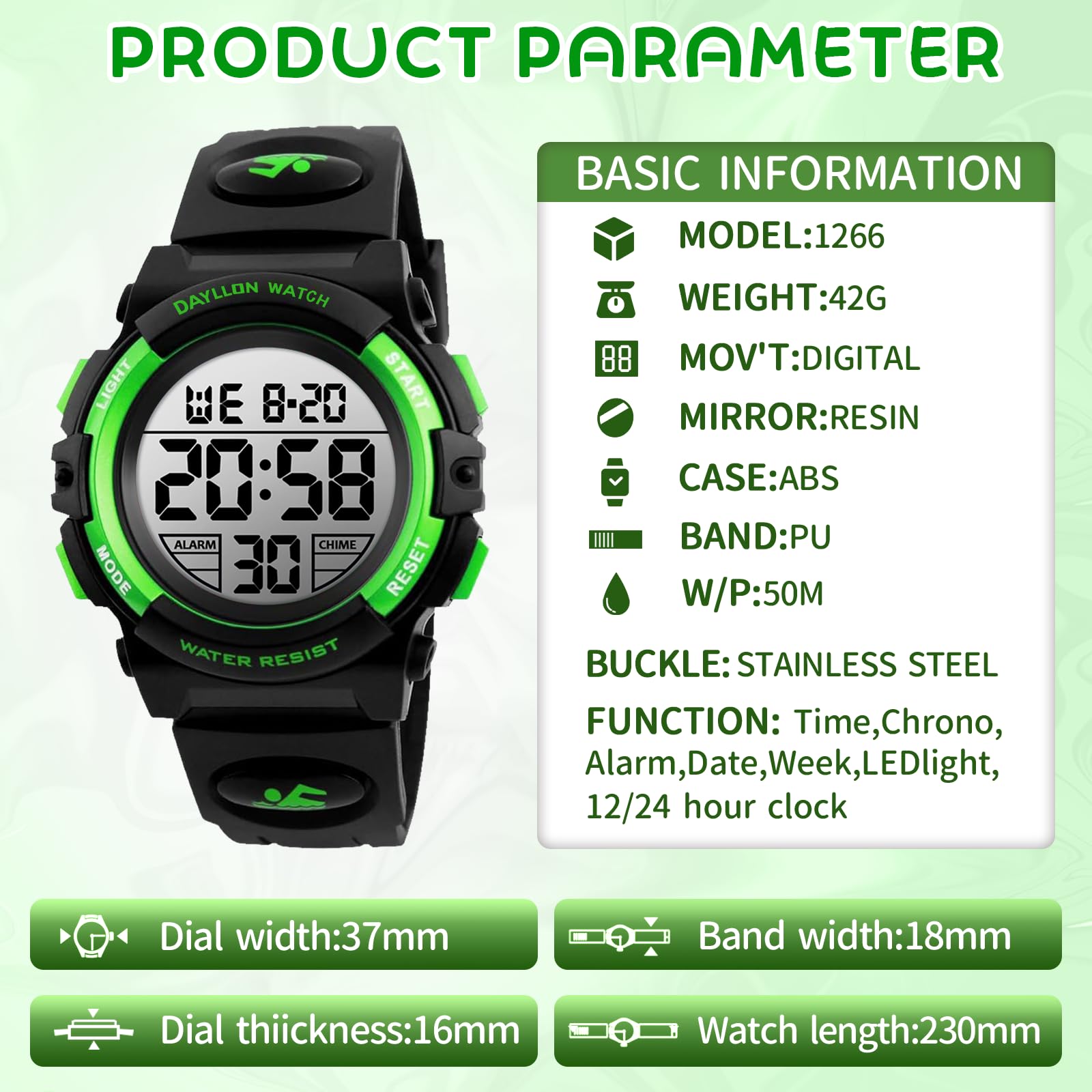 Dayllon Orologio digitale per bambini Sport all'aperto 50 m impermeabile Orologio elettronico Allarme 12/24 h Cronometro Calendario Ragazzo Ragazza Orologio analogico