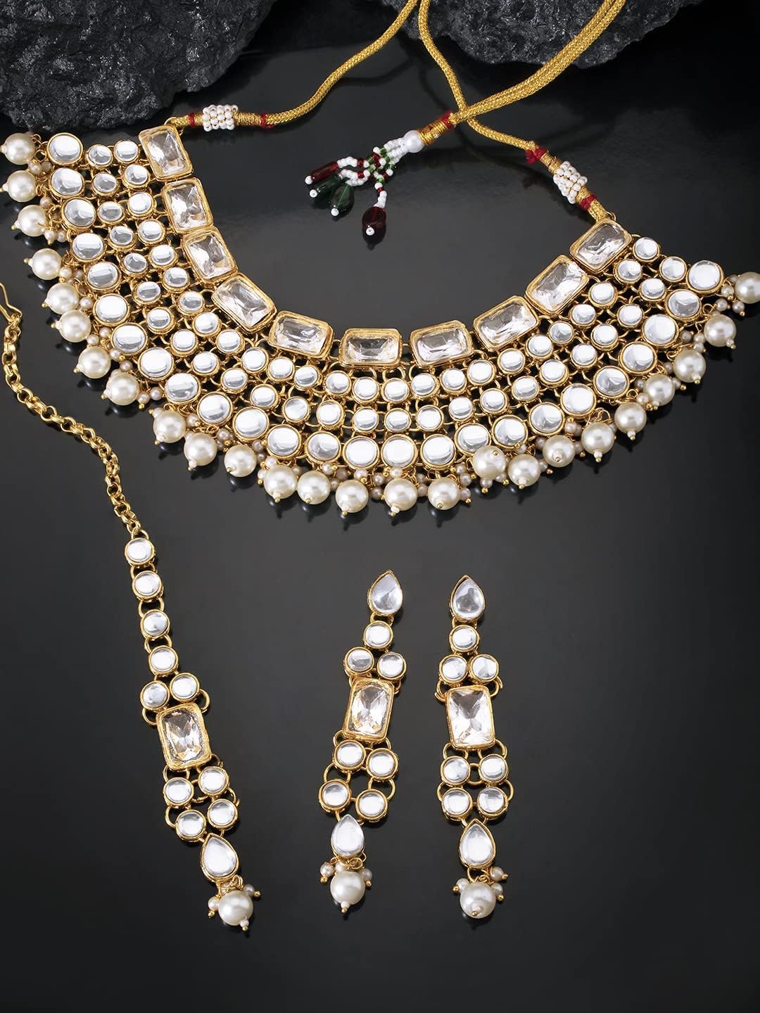 Aheli Faux Kundan Choker Necklace with Earring Maang Tikka Indian Traditional Bollywood Ethnic Bridal Jewelry Set Gift for Women - Image 3