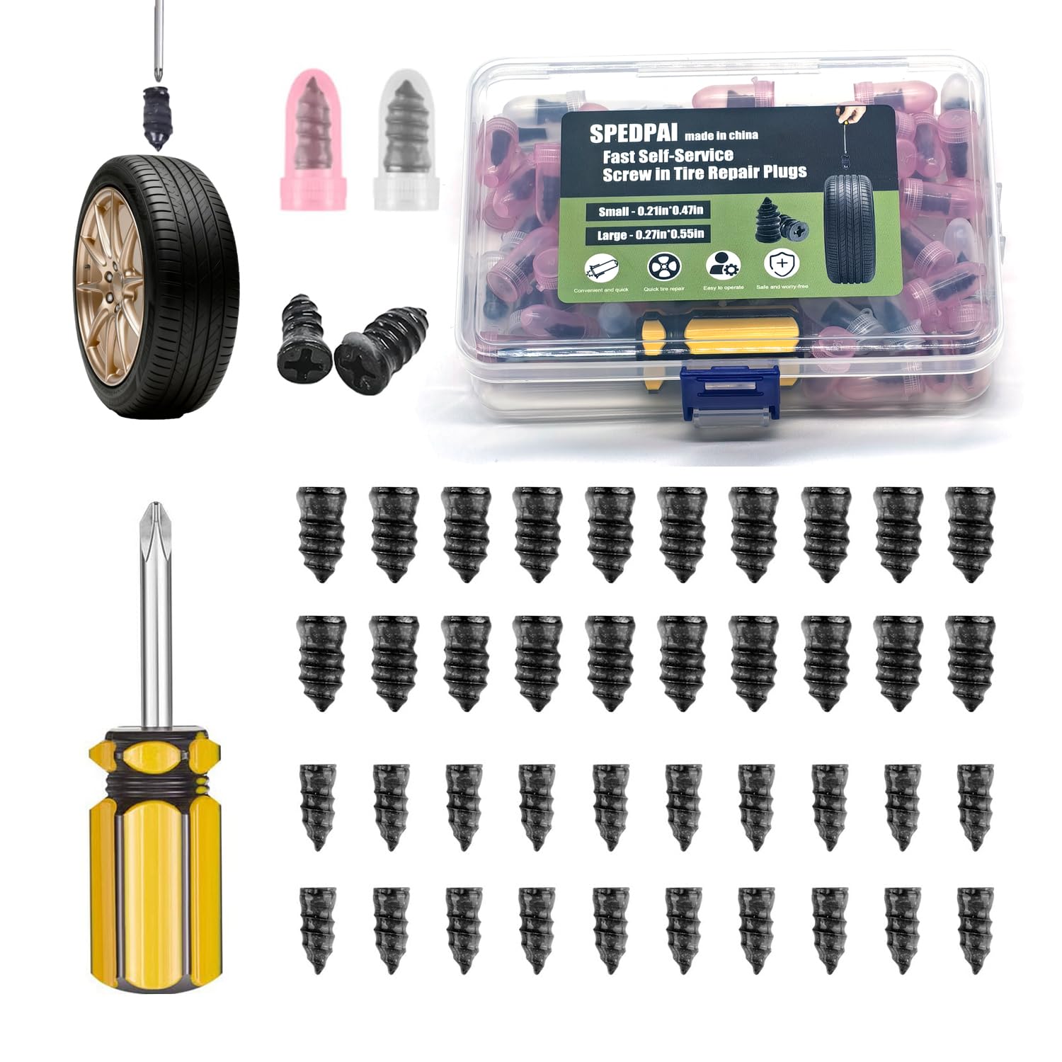 SPEDPAI Tire Repair Rubber Nails Kit with 2 Sizes,2026 New Vacuum Screw Type Tire Plug Fa…