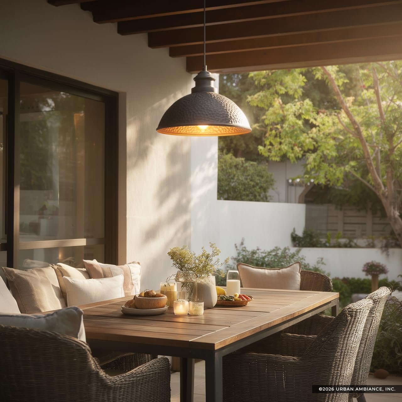 Urban Ambiance Luxury Hammered Outdoor Pendant Light, Medium Size: 8" x 12", with Vintage Style Elements, Midnight Black Finish, UHP1171, Firenze Collection