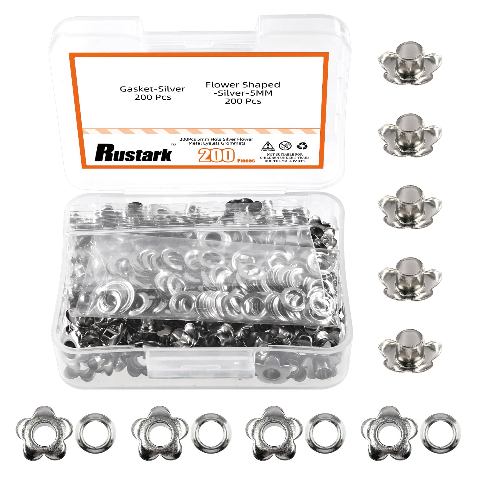 Rustark 200Pcs 5mm Silver Flower Eyelet Grommets Assortment Kit Floral Metal Eyelets Grommets Flower Shaped Craft Eyelets Findings for Shoes Clothes Leather DIY Craft