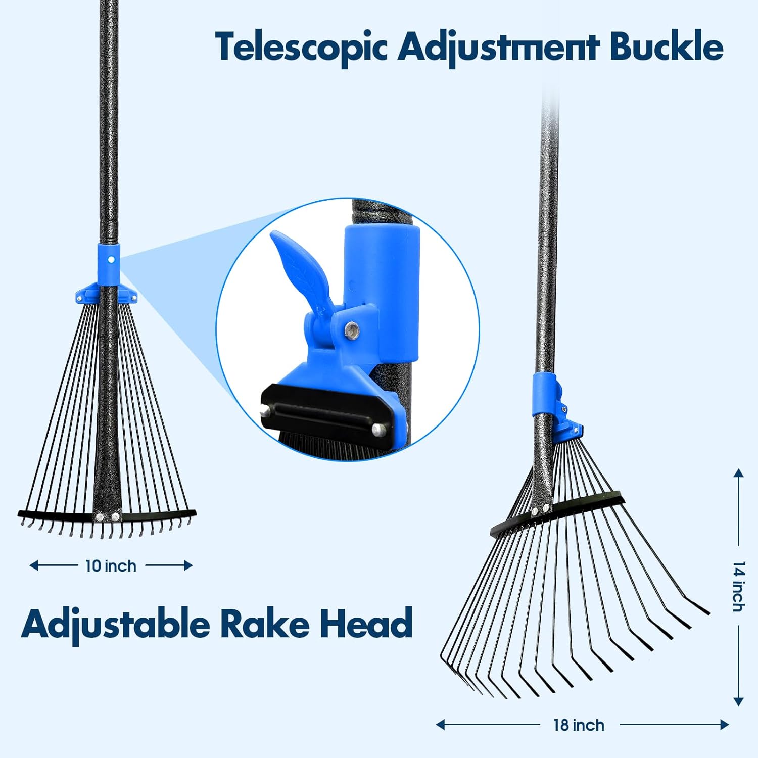 BsBsBest 75" Rake for Leaves with 18 Metal Tines 10-18" Expandable Head Rakes Adjustable Handle for Lawn Leaf Rake Yard Tools for Collecting Leaves, Grass Clippings, Garbage Blue