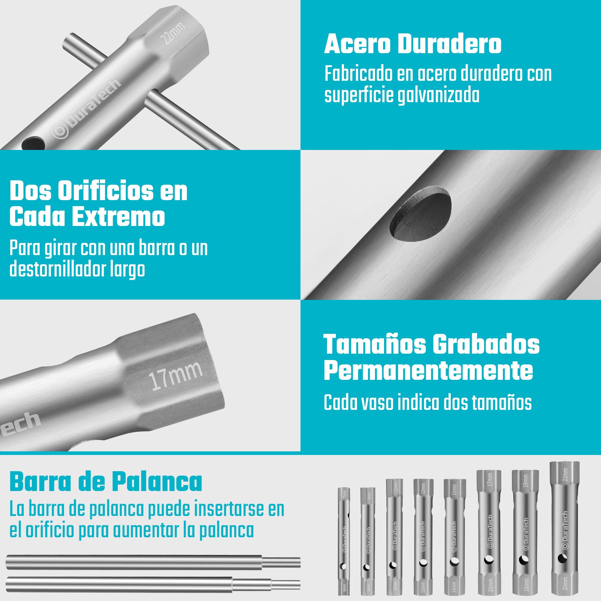 DURATECH Juego de 10 llaves de tubo con 2 barras de palanca, métrico, 6-22 mm, juego de llaves para contratuercas para fontanería, instalaciones y reparaciones de vehículos