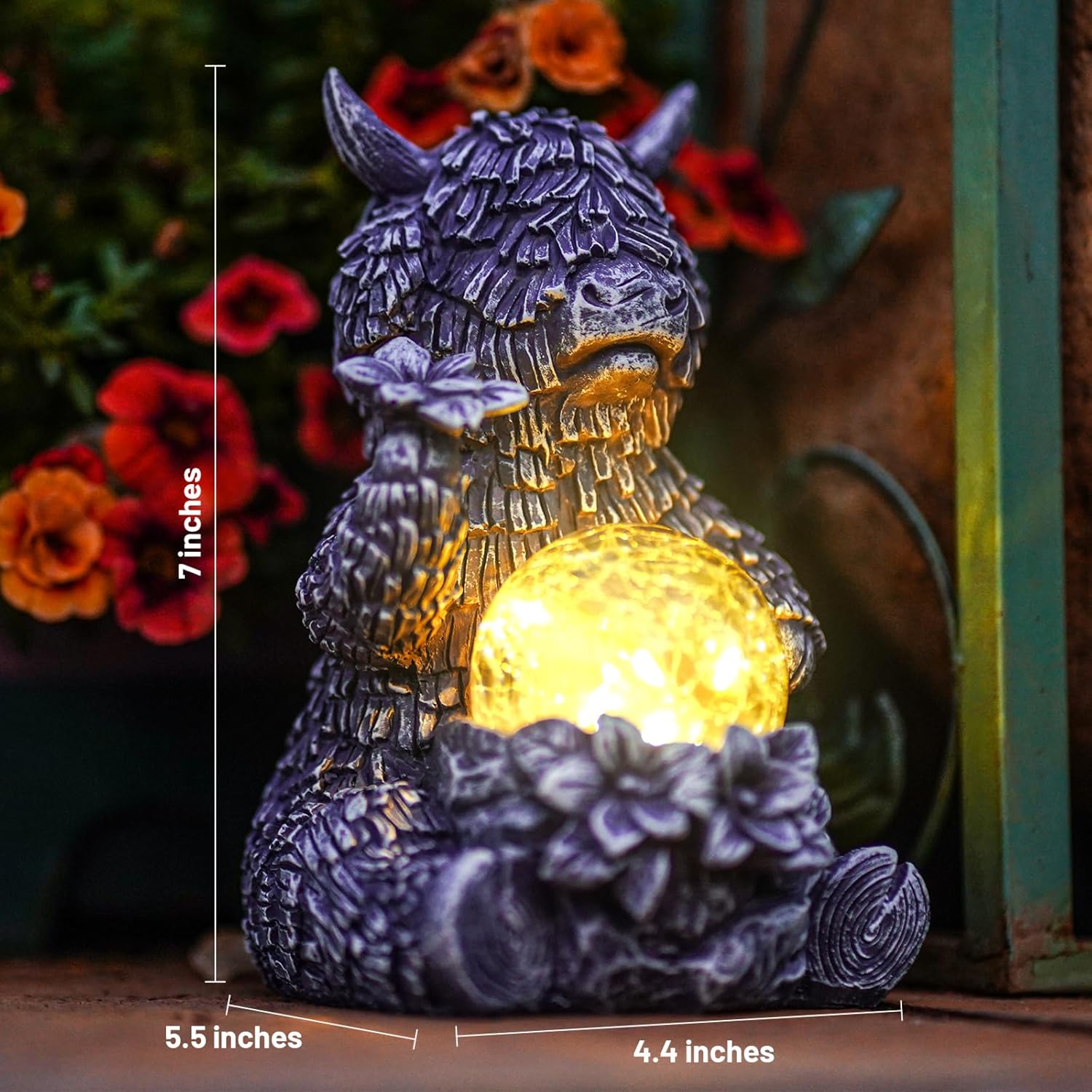 Gray Highland Cow Garden Statue with Solar Crackle Globe Light - Whimsical Resin Figurine for Outdoor Patio, Lawn, Yard Decor, Unique Birthday & Housewarming Gift for Women, Mom, Friends
