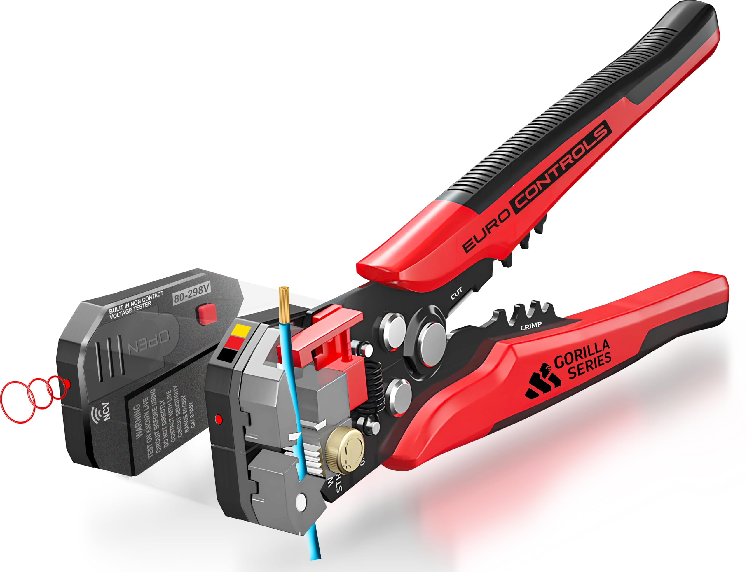 EuroControls multi-purpose wire stripper and cutter, lugs crimping tool, non contact voltage tester, double spring, hardened steel blades and rubber grip - all in one electrical safety tool