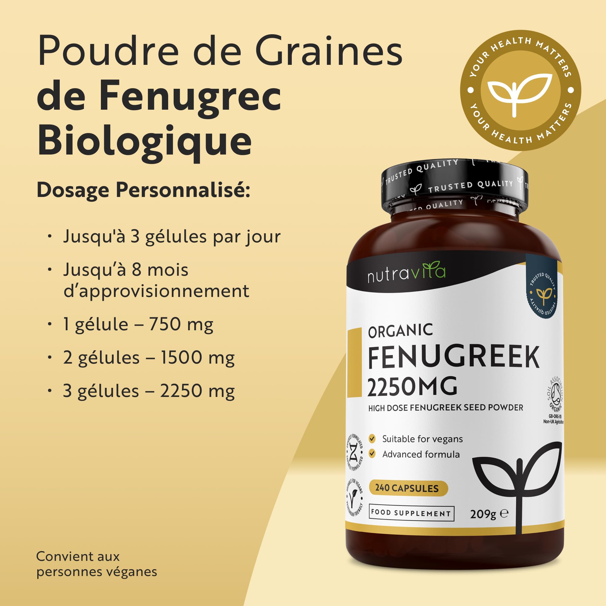 Fenugrec Bio 2250mg par dose de 3 Capsules, jusqu'à 8 mois d'Approvisionnement - 240 Fenugrec Gelule Véganes - 1-3 Capsules par Jour, Complement Alimentaire Fait en Angleterre - Nutravita