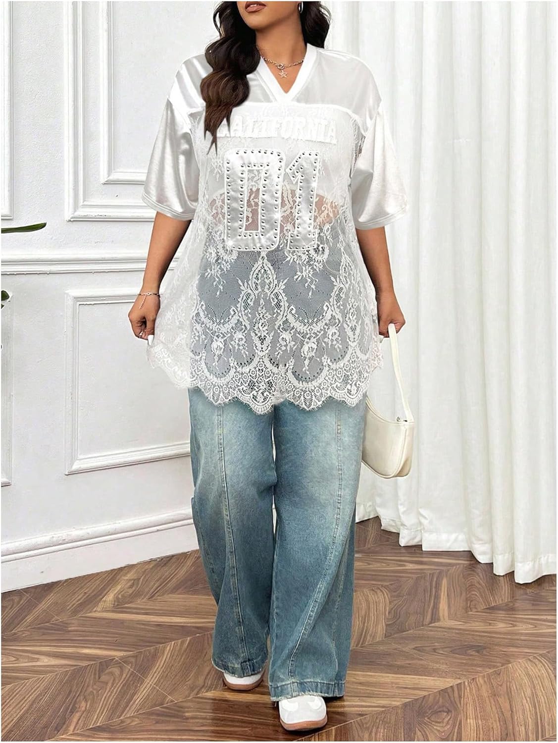 Milumia Women's Plus Size Letter Print Lace Sheer Mesh Jersey Shirt Half Sleeve V Neck Oversized Tee Top - Image 3