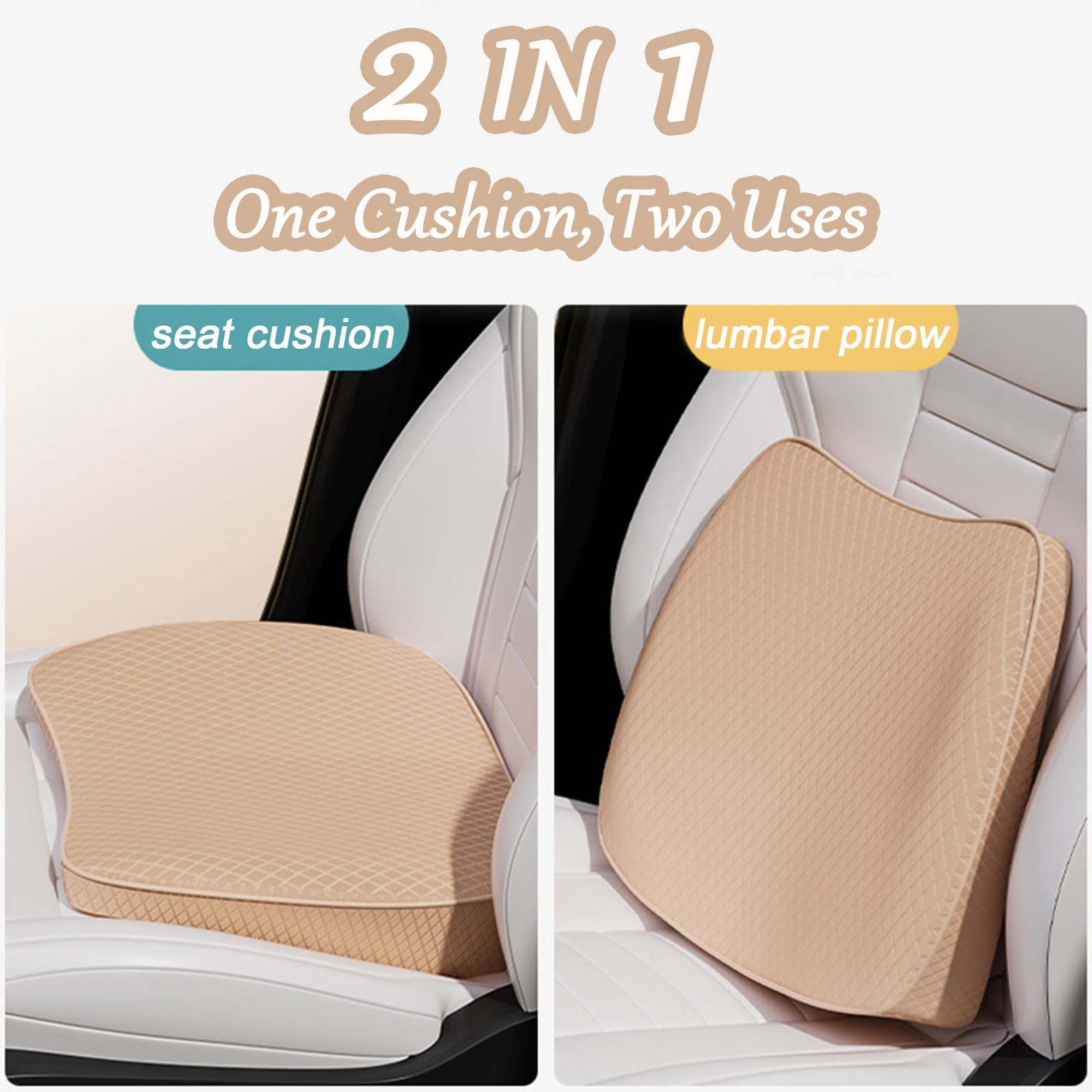 2 in 1 Cuscino Sedile Auto Guidatore o Cuscino Lombare - Cuscino Rialzo Sedile Auto di Memory Foam da 8 cm - Cuscino Seggiolino Auto Comfort Cuscino per Auto Seduta Guidatore, Beige