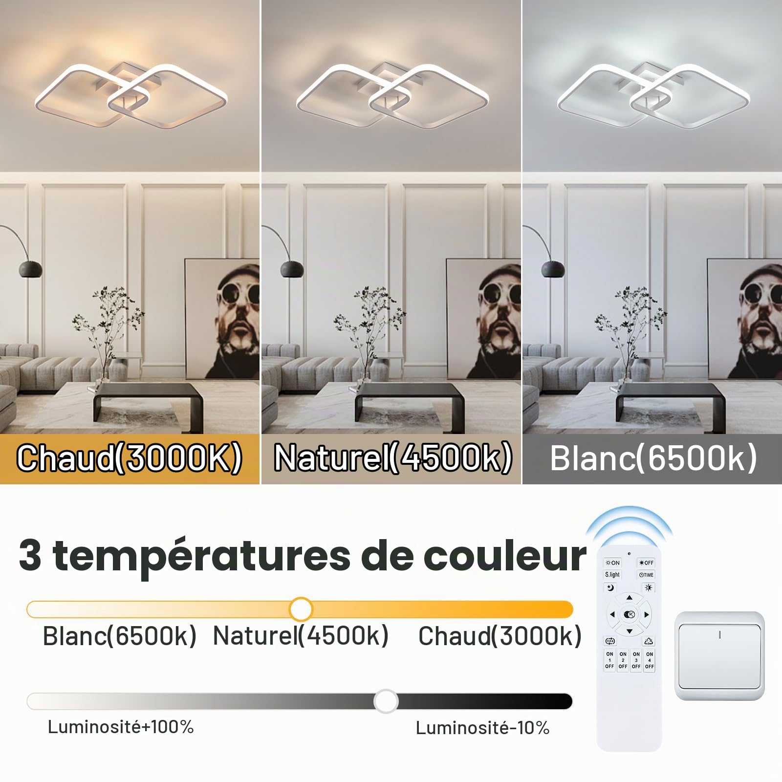 Comely 50W 5625LM Plafonnier LED Dimmable, 64cm Luminaire Plafonnier avec Télécommande 3000K-6500K, Lustre Salon Carré en Acrylique pour Chambre Salle de Bain Salon Cuisine Couloir