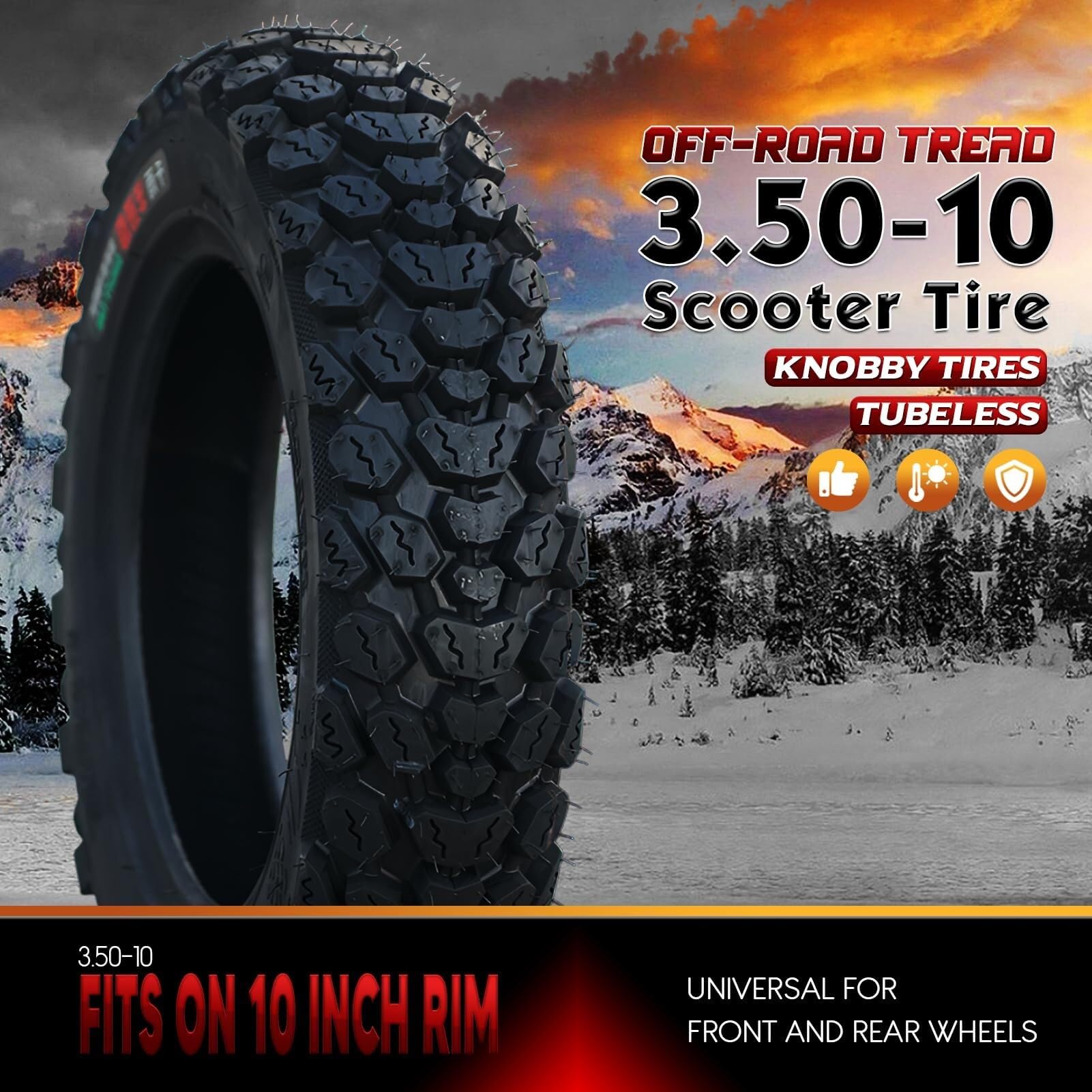 3.50x10 Pneu Moto Tubeless 8PR, 3.50-10 Pneu Tout-Terrain Off Road 58J, 3.50 10 Pneu Haute Adhérence Neige Pluie pour Scooter 10 Pouces Run Flat