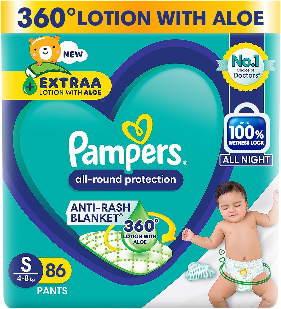 Complete Skin Comfort Pants, (S) 86 Count, Anti-rash blanket, Lotion with Vitamin E & Aloe Vera, Small size baby diapers, 4-8 kg