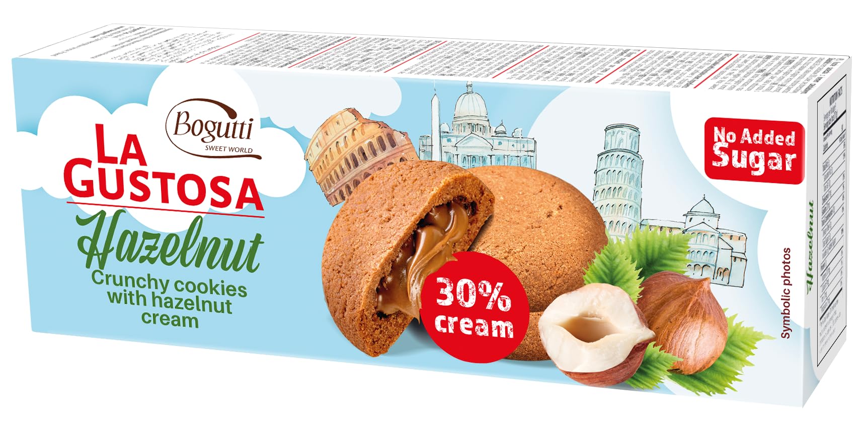 BOGUTTI LA GUSTOSA SUGAR FREE Hazelnut Crunchy Cookies with Hazelnut Cream 150GR BOX