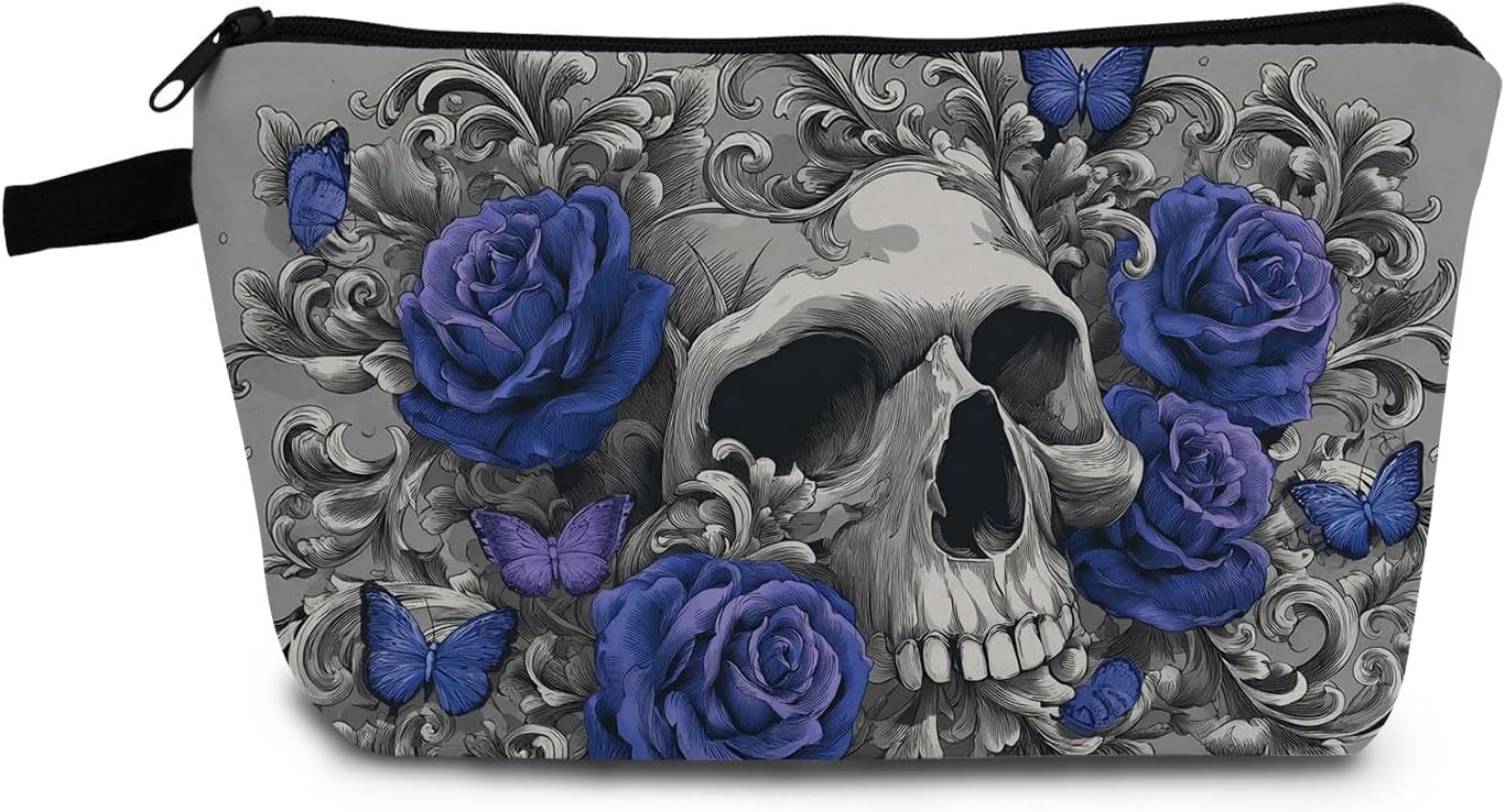 Blue Rose Skull Print Small Cosmetic Bag