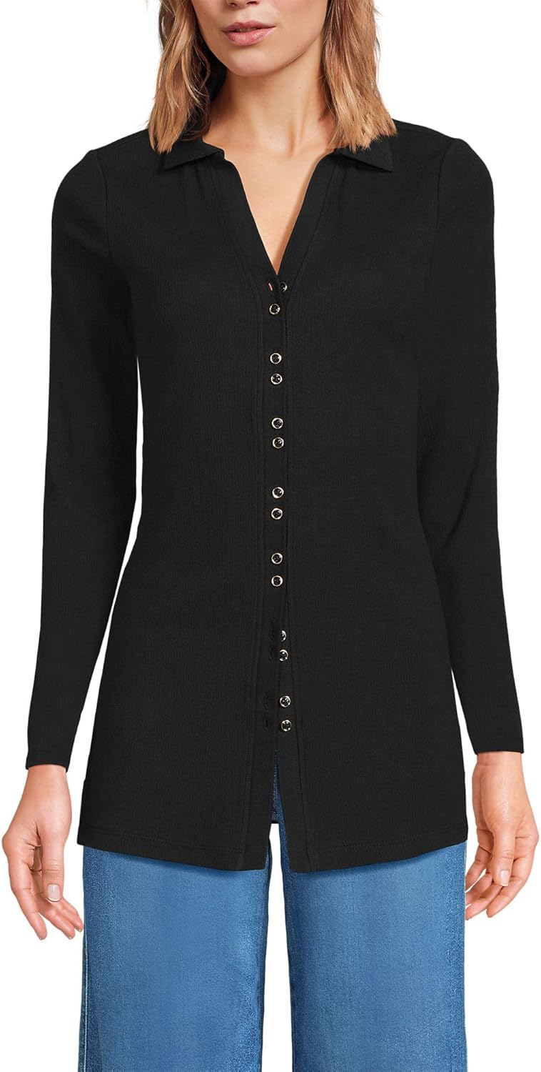Lands' End Women's Long Sleeve Polished Rib Button Through Tunic Shirt