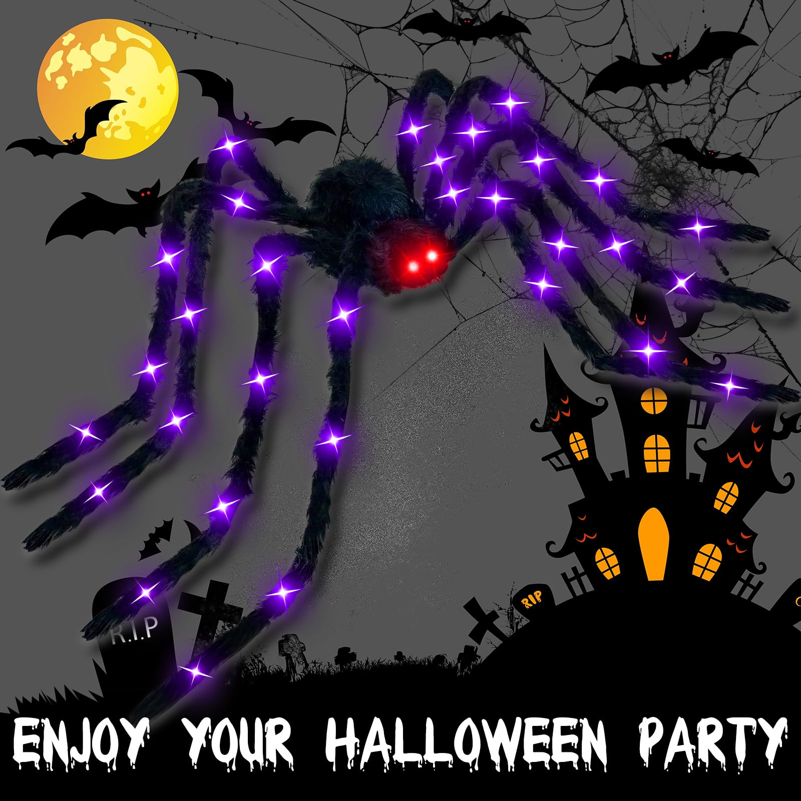 Vinsot Paquete de 2 arañas gigantes grandes de Halloween de 6.6 pies para decoración al aire libre, accesorios de araña negra iluminados para Halloween, interiores y exteriores, decoración