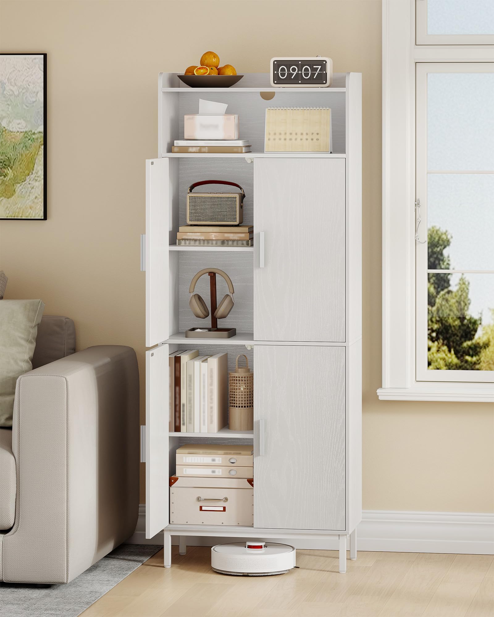 Hzuaneri Badezimmerschrank mit 4 Türen und 1 offener Bereich | Badschrank mit Verstellbare Ablage, Aufbewahrungsschrank, Badezimmer, Wohnzimmer, 30 x 60 x 160 cm, Weiß SC45713W