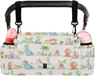 CUPADA Cartoon Dinosaur Eggs Universal Stroller Organizer, Watercolor Plam Tree Stroller Organizer Bag with Cup Holders Removable Shoulder Strap Fits Most Baby and Pet Strollers