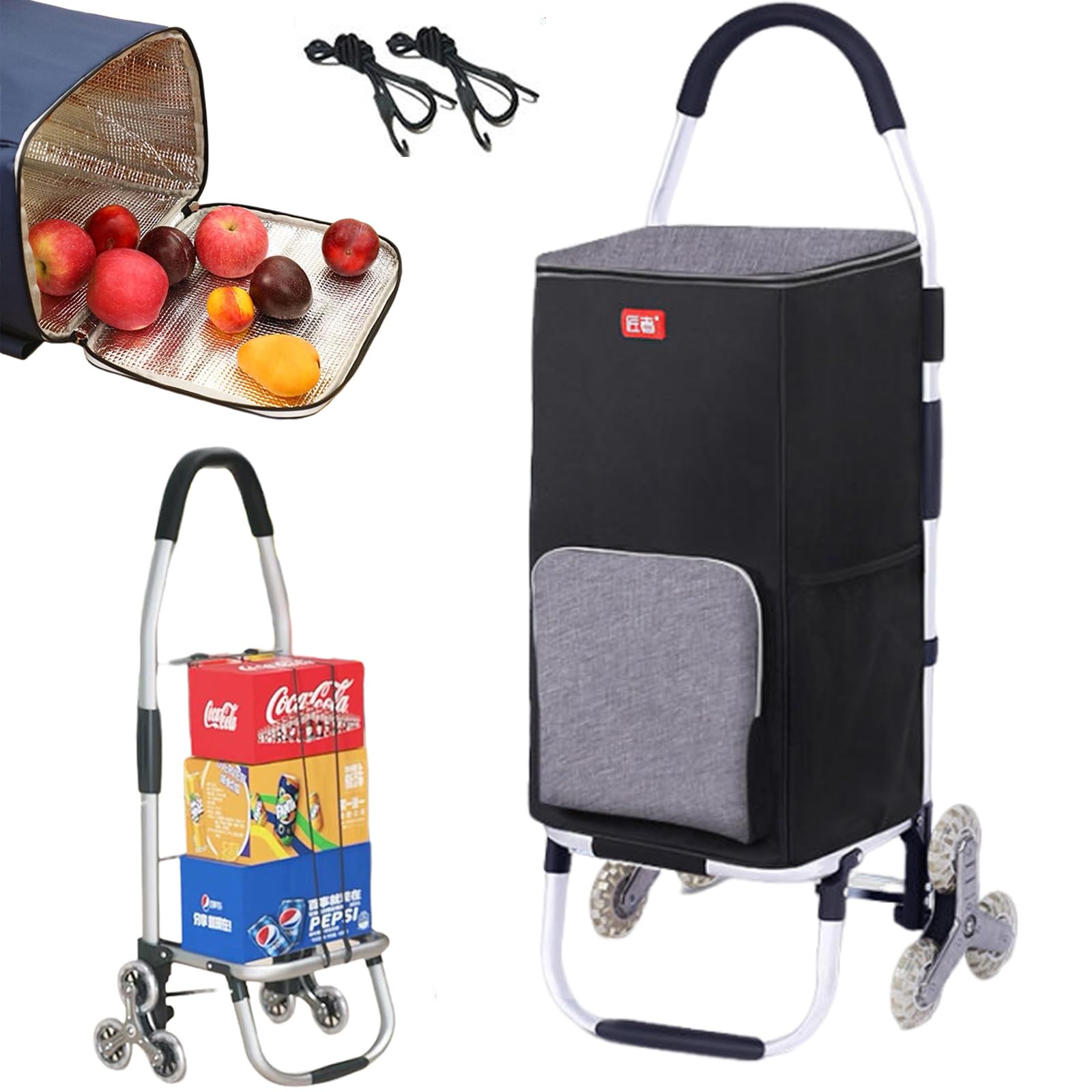 Aluminium Einkaufstrolley Treppensteiger,mit Kühlfach, 2in1 Einkaufstrolley klappbar abnehmbare Tasche 6 Rollen Treppensteiger Einkaufswagen Einkaufshilfe Trolley, Wasserdicht (Black)