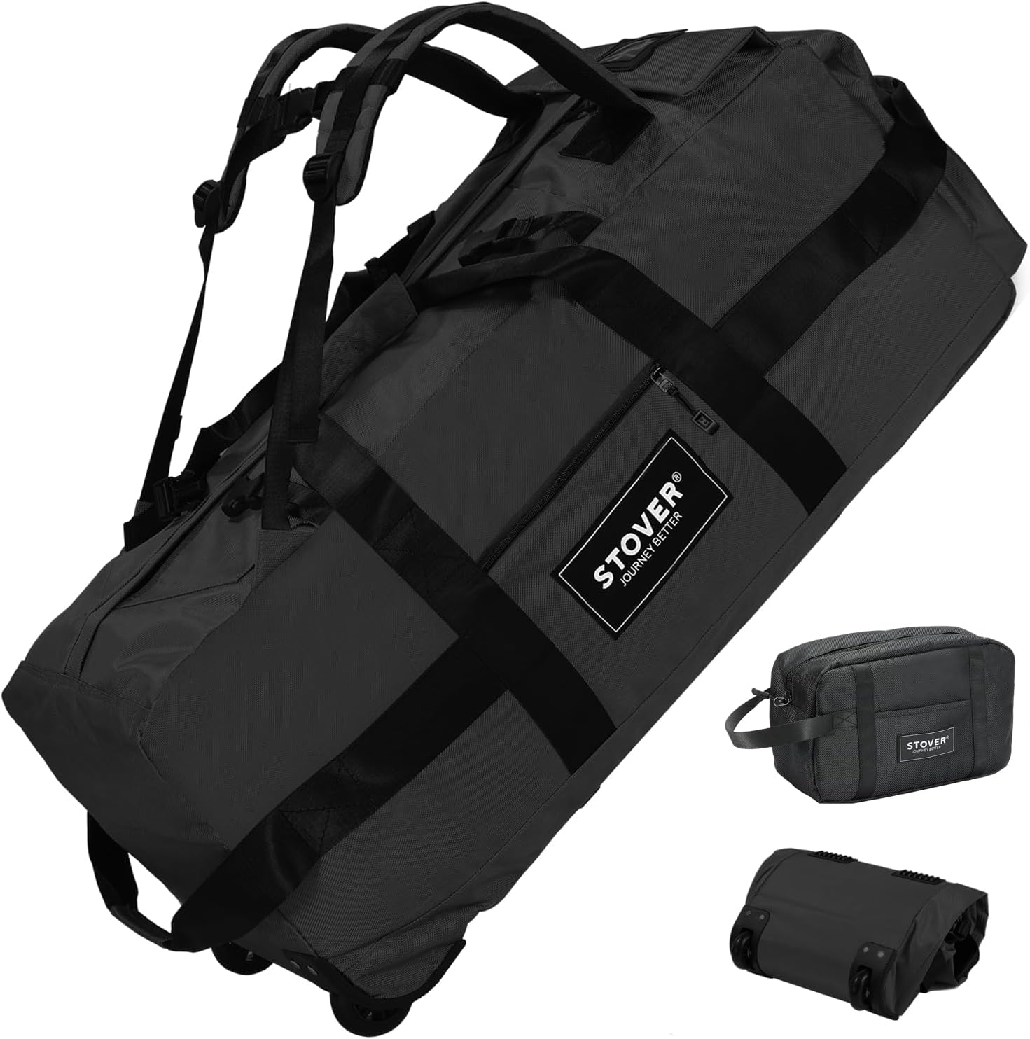Rolling Duffel Bag with Wheels, Durable Travel Duffle + Toiletry Bag, Heavy Duty, Packable with Shoulder Straps- Use as Luggage or Backpack, Black, 80L
