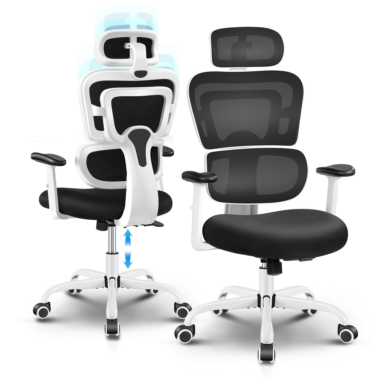ChaCool Silla Oficina Ergonómica Silla Escritorio con Reposacabezas Ajustable &Soporte Lumbar& 3D Reposabrazos, Regulable en Altura &Mecanismo Basculante(90°-135°), Carga Máxima de 150kg,Blanco