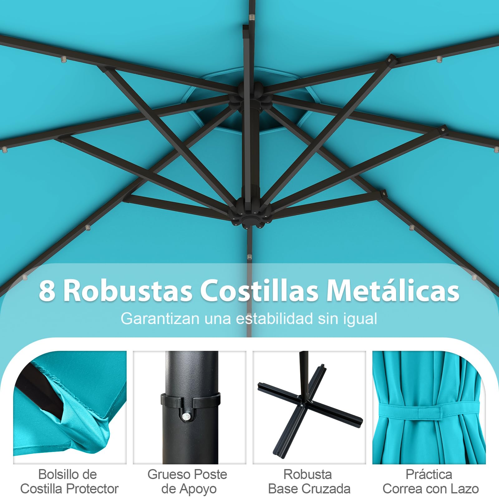 COSTWAY Sombrilla Terraza Exterior 3x3, Parasol Excentrico con 32 Luces LED Solar, Base Cruzada, Ajuste de Inclinación y Manivela, Rotación de 360°, Sombriila Jardin Terraza Balcón Patio