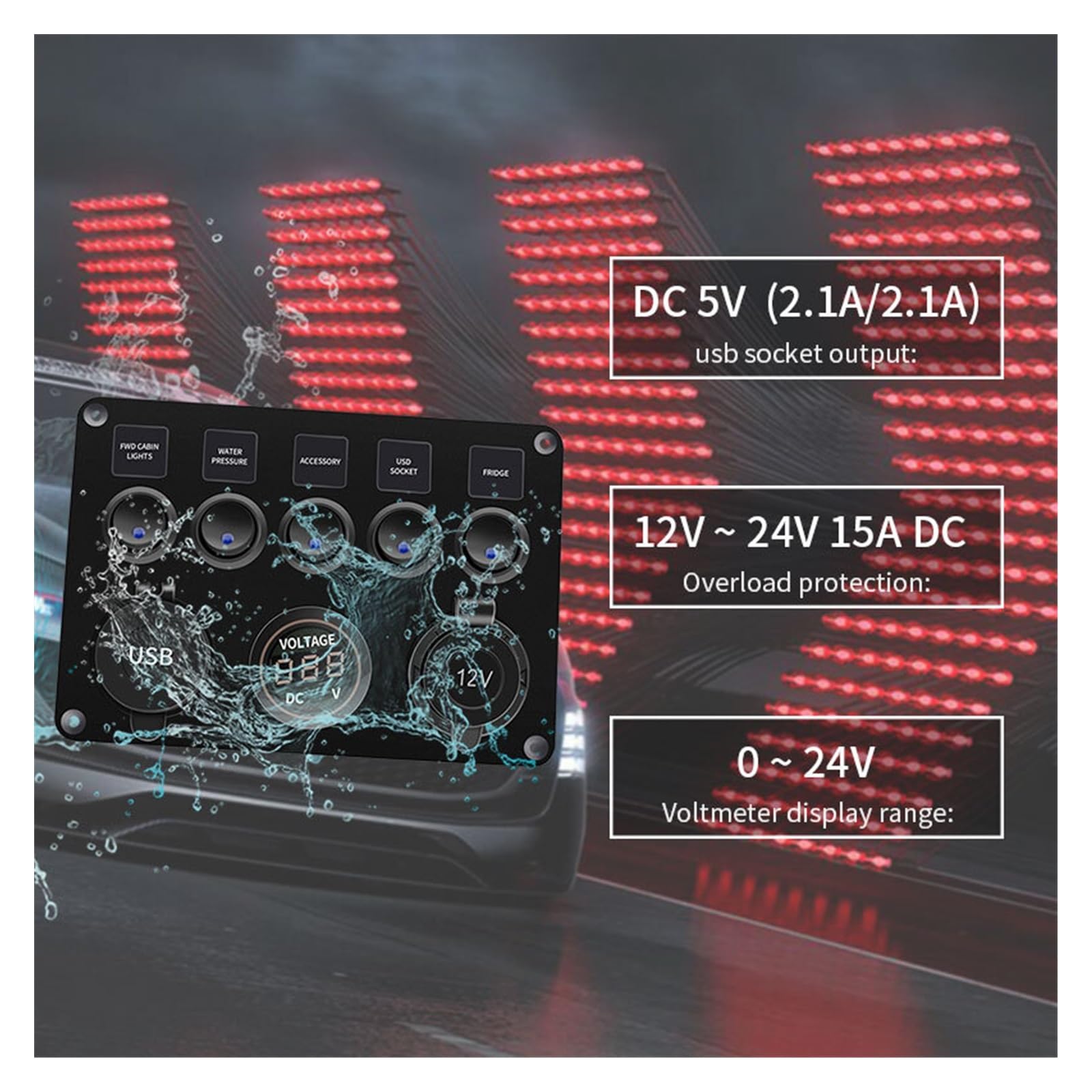 Panel przełączników Led z podwójnym portem USB 12V woltomierz cyfrowy przełączniki sterujące dla samochodów morskich łódź przyczepa kempingowa Camper RV akcesoria (Color : Blue)